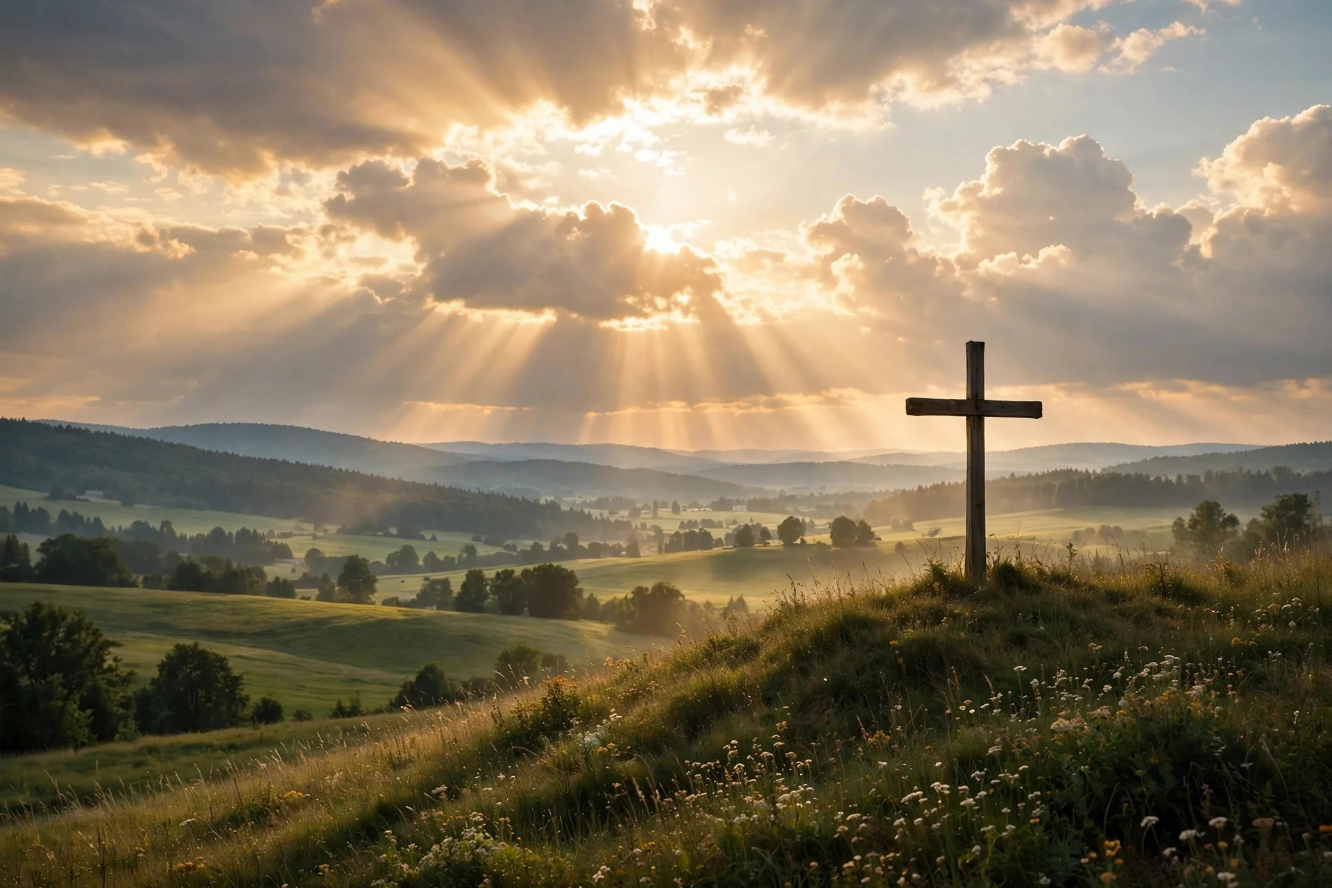 A wooden cross against the dawn sky: the symbol of Christian hope