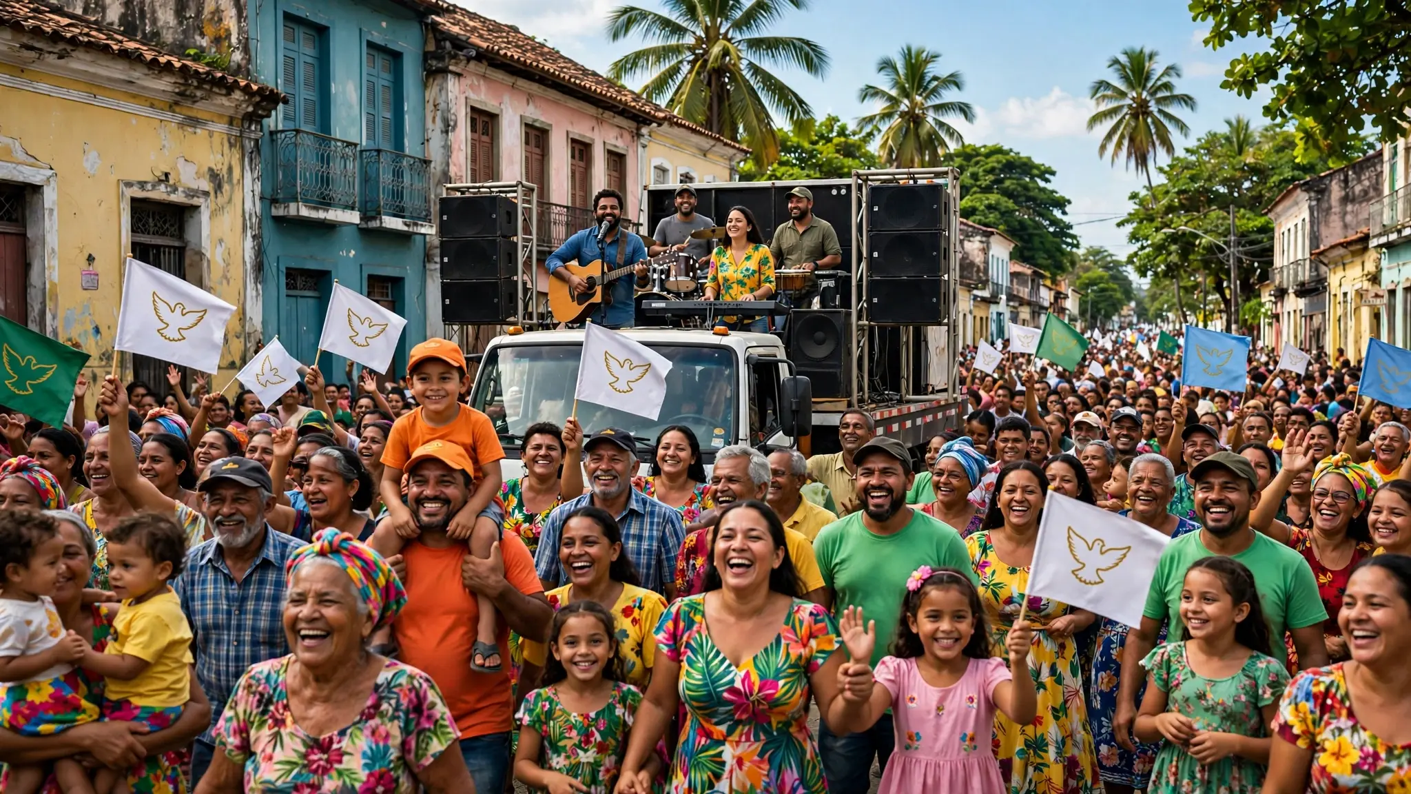 Multidão de cristãos marchando pelas ruas de Parauapebas com trio elétrico na Marcha para Jesus 2026