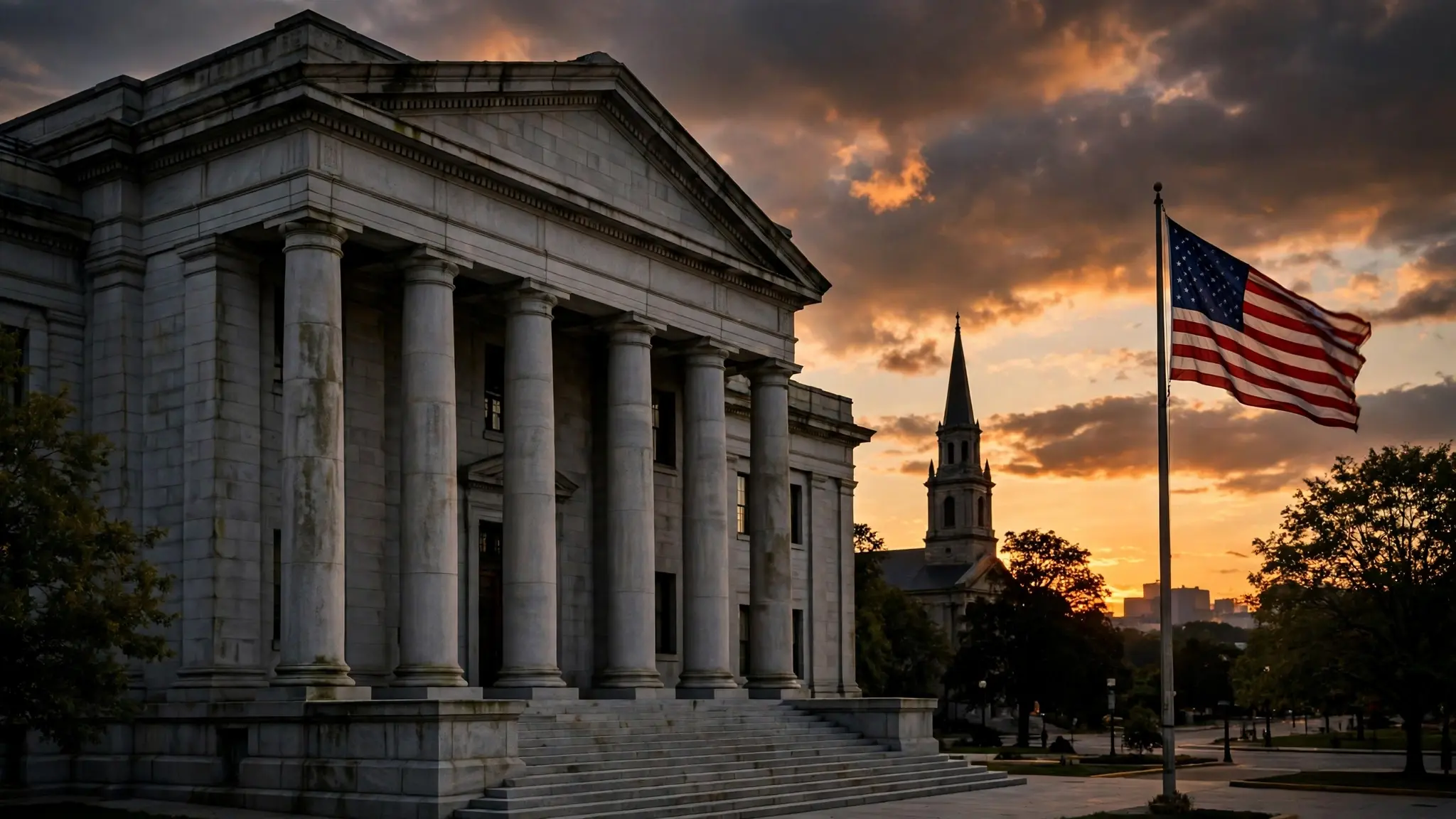 A courthouse column with a church steeple in the background at dusk, American flag waving