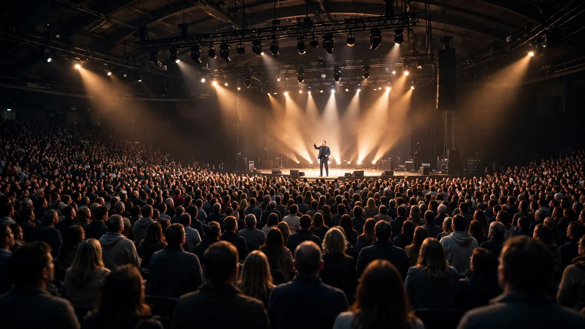 Thousands gathered in a packed arena as an evangelist preaches on stage under dramatic lights