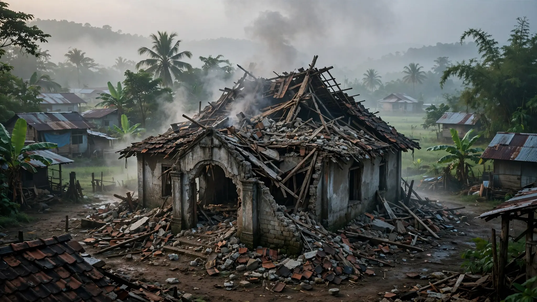 Smoke rising over a damaged church building in a rural Southeast Asian town at dawn