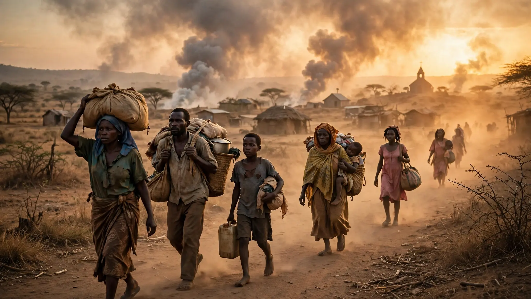 Villagers fleeing with belongings as smoke rises over a South Sudanese town, a church silhouette in the distance