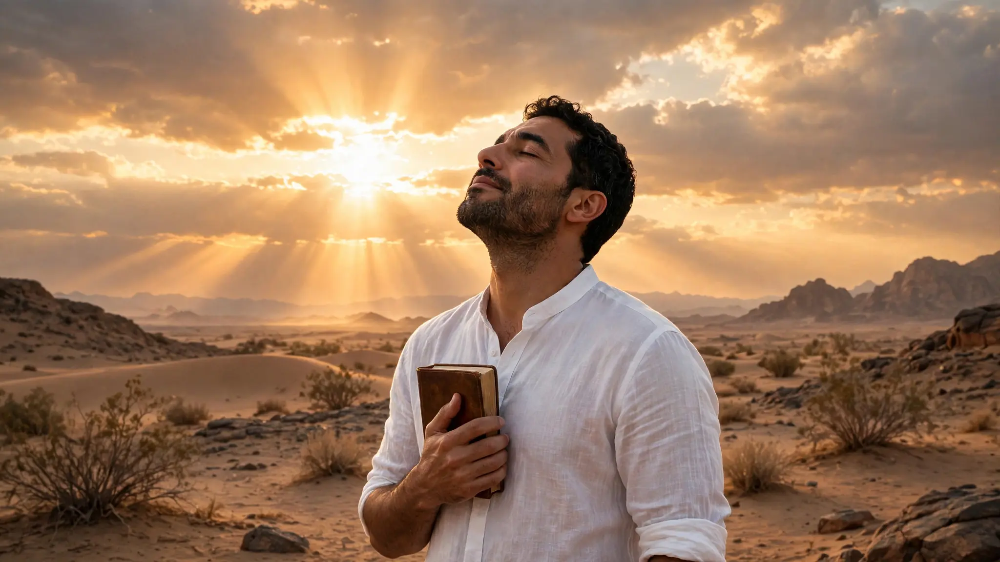 A Middle Eastern man in a white shirt holding a Bible in a desert landscape at sunrise, face uplifted