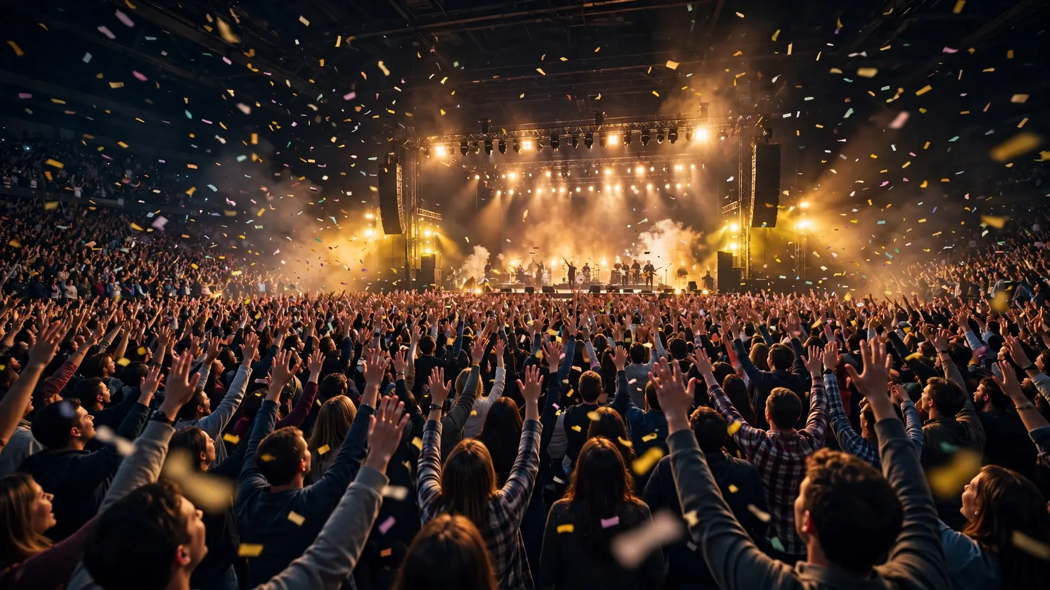 A worship concert stage in a packed arena with hands raised and confetti falling
