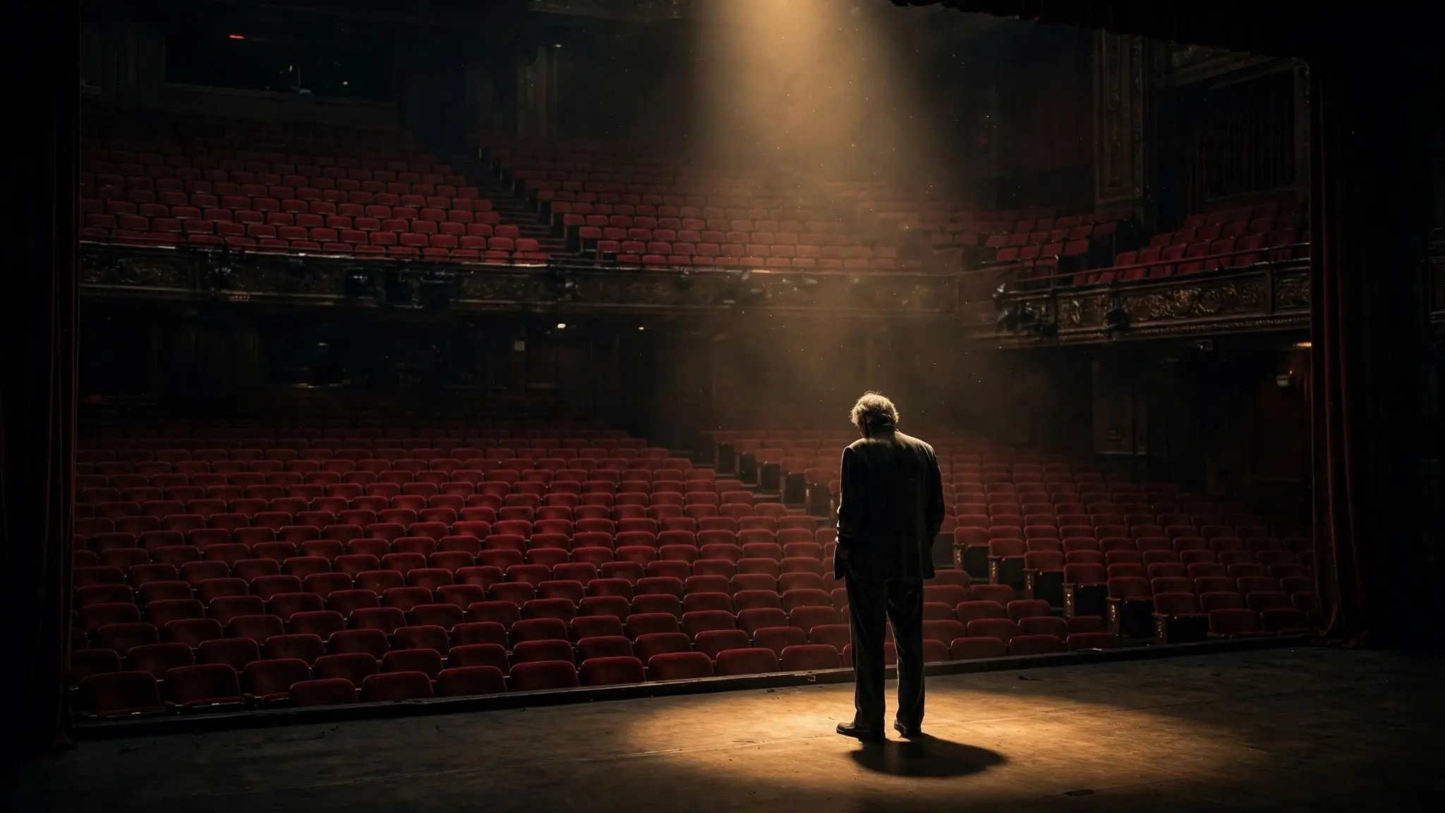 An elderly comedian alone on a Broadway stage under a single spotlight, silhouette against empty seats
