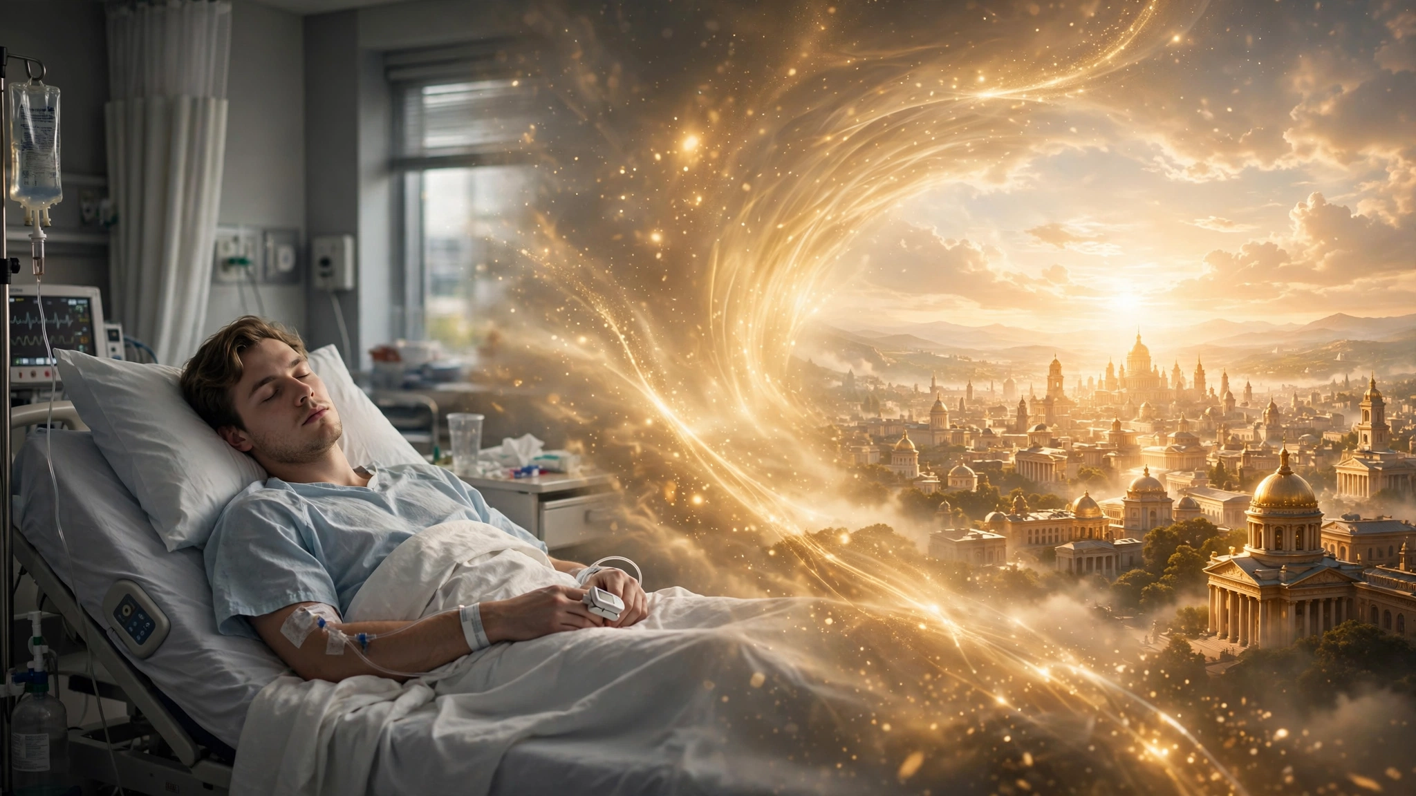 Artistic depiction of a near-death experience tunnel of light leading to a heavenly city