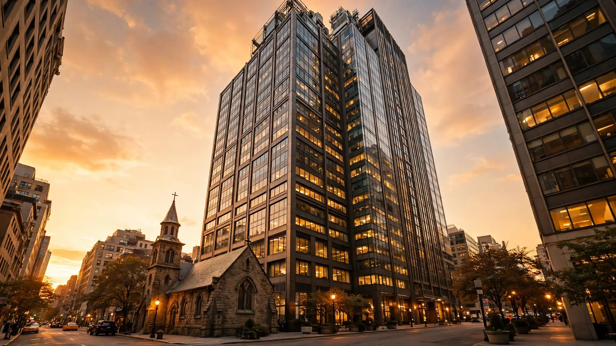 A tall Manhattan office building at golden hour with a small church visible in the street below