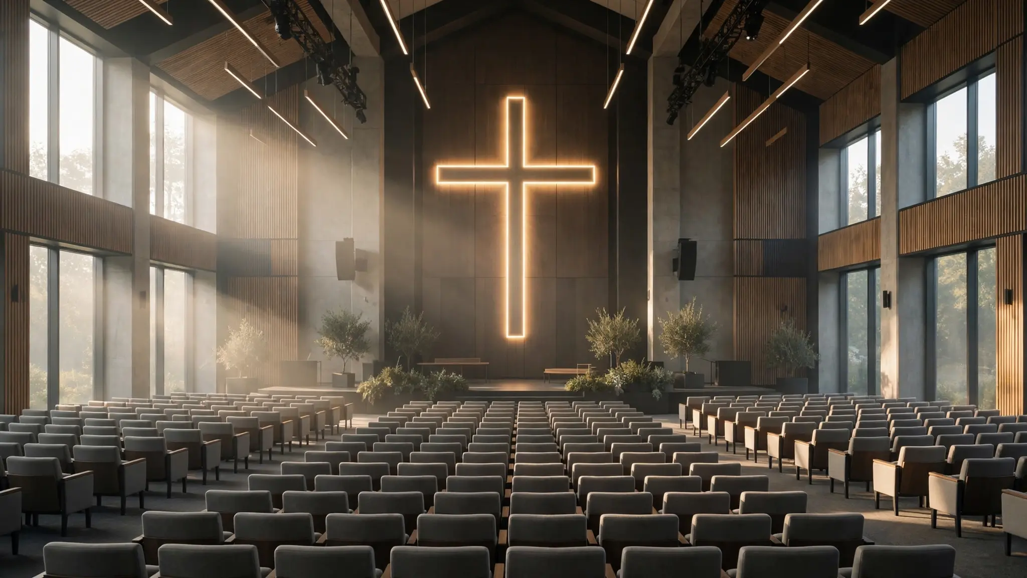 A large modern megachurch sanctuary with a cross above the stage and rows of seats