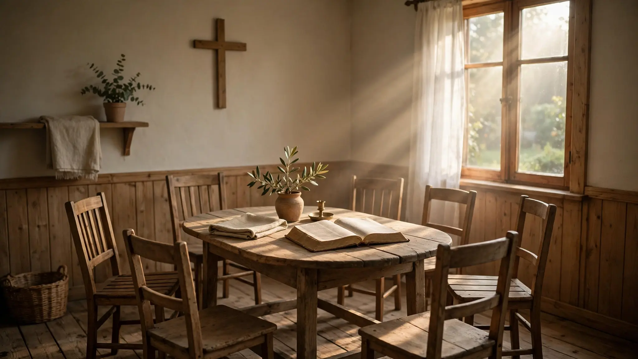 A modest house church room with wooden chairs and an open Bible on a table, morning light through a window