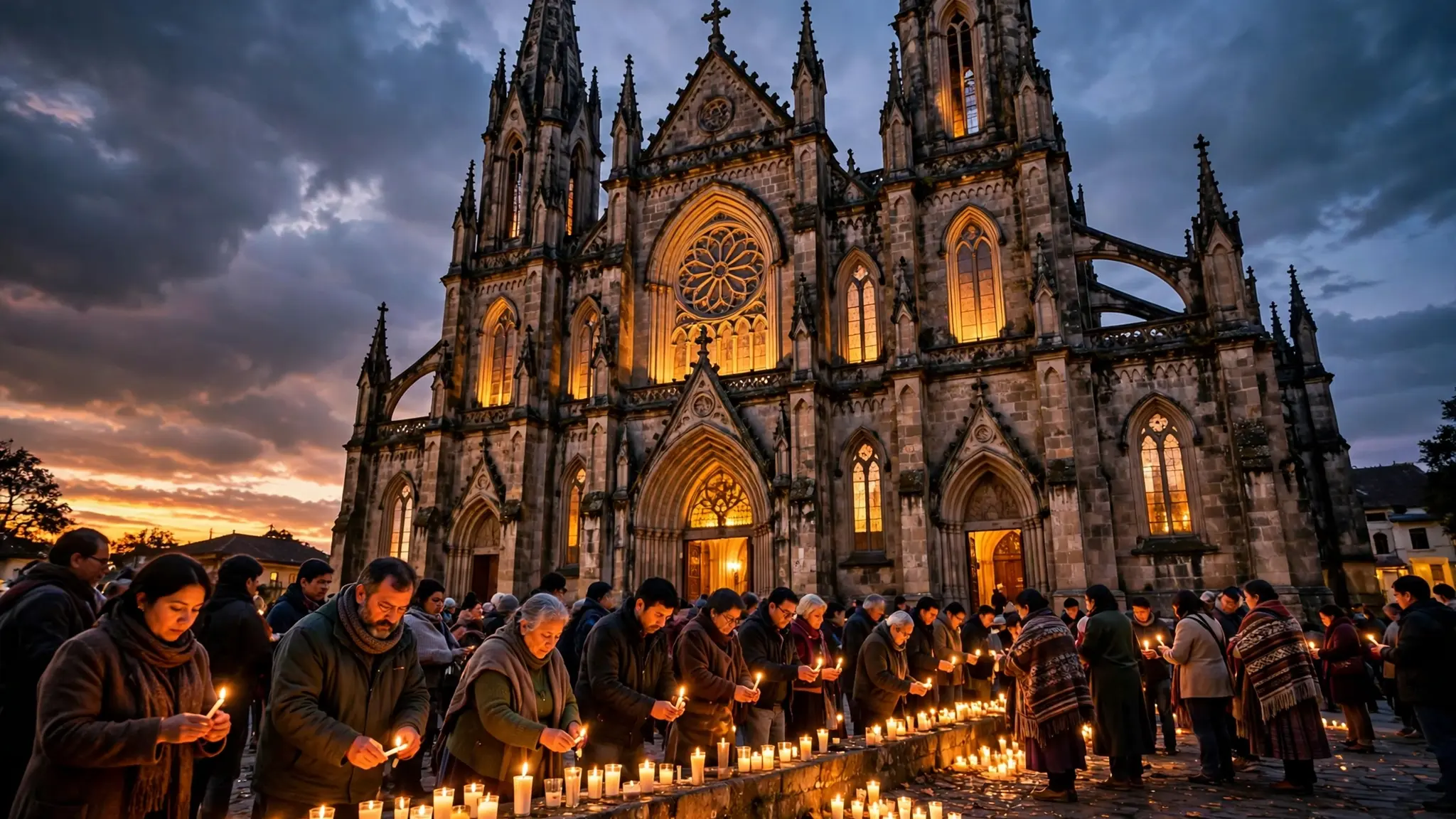 Basílica del Voto Nacional de Quito al atardecer con fieles encendiendo velas en oración