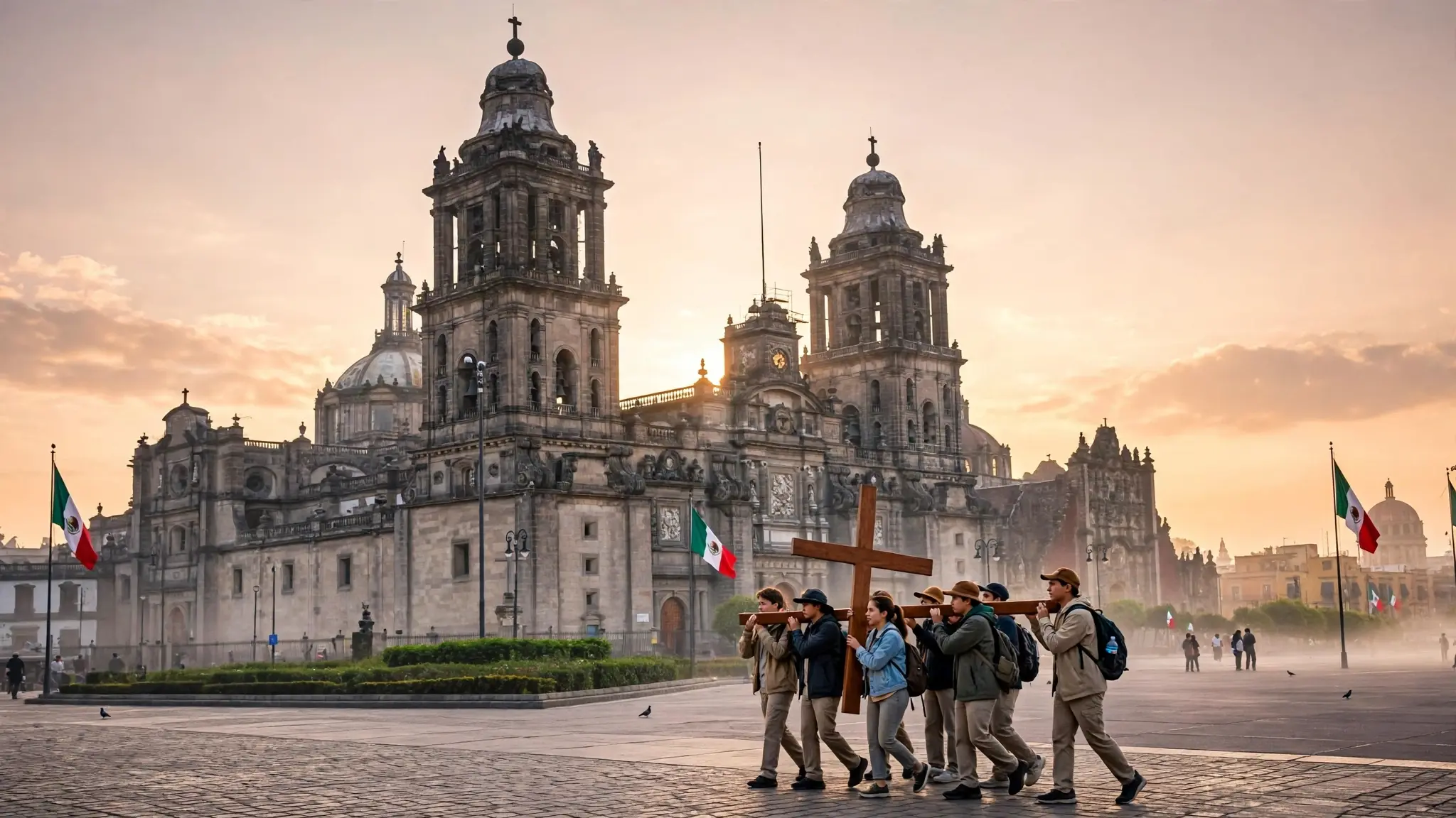Catedral Metropolitana de la Ciudad de México al amanecer con jóvenes voluntarios misioneros con una cruz procesional