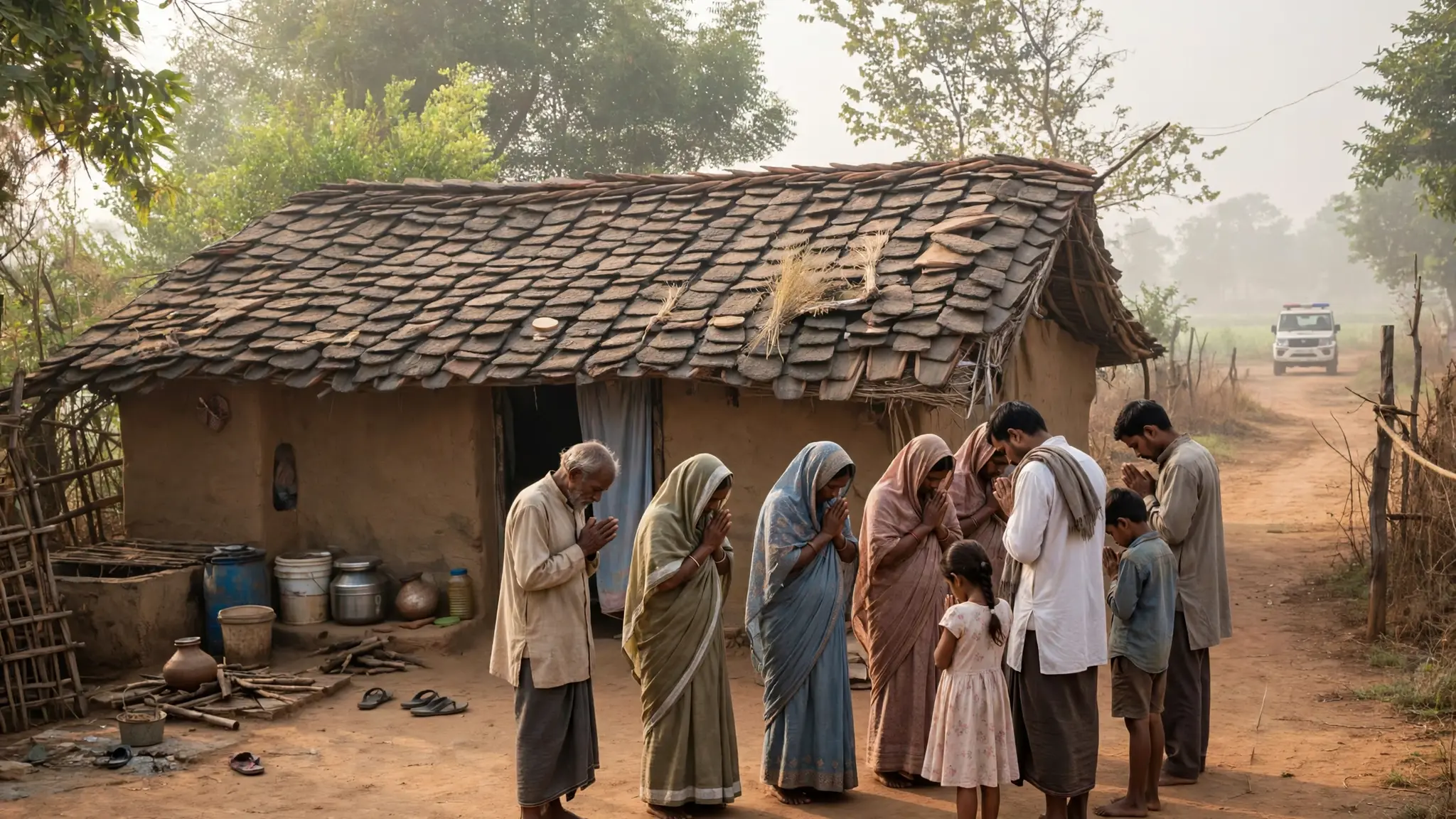 छत्तीसगढ़ के गांव में साधारण मकान के बाहर प्रार्थना करती ईसाई परिवारें, दूर पुलिस वाहन