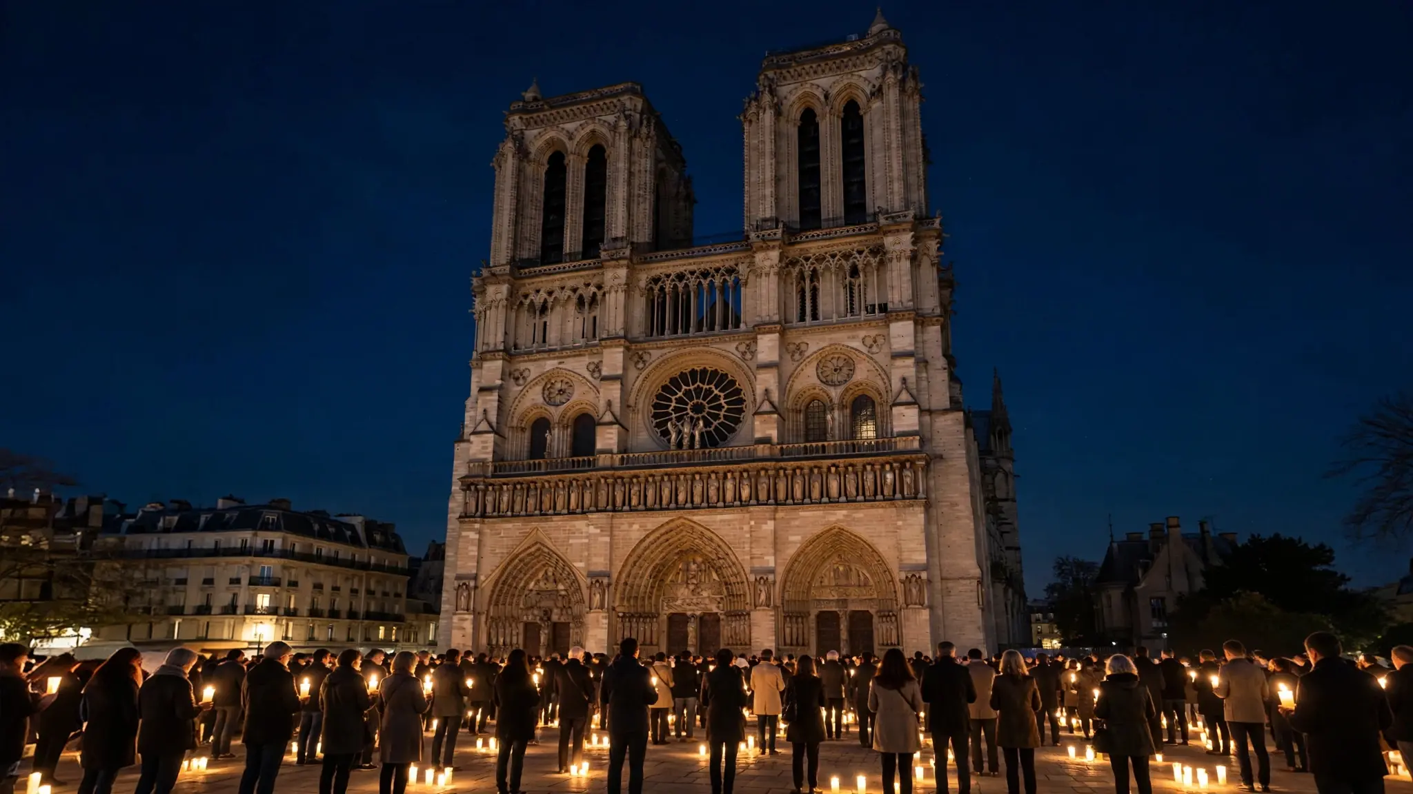 Cathédrale parisienne la nuit avec des fidèles tenant des bougies pour la paix
