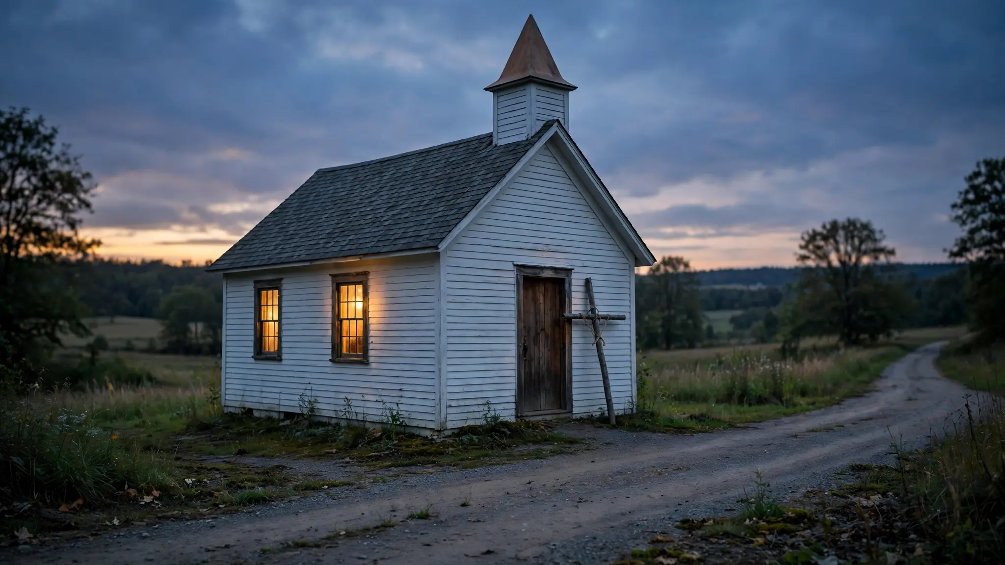 A small white country church at dusk with warm light glowing in the windows and a wooden cross leaning beside the door