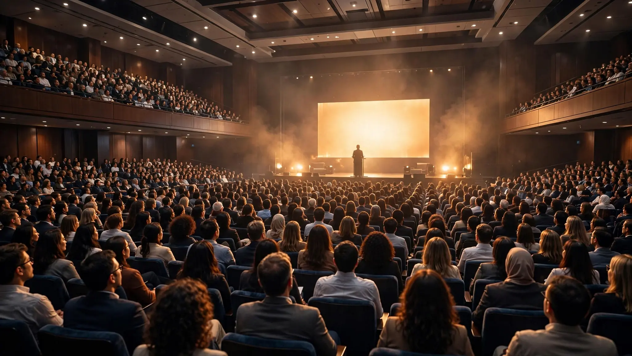 A packed grand auditorium at a leadership summit with warm golden stage light and a large screen behind the speaker