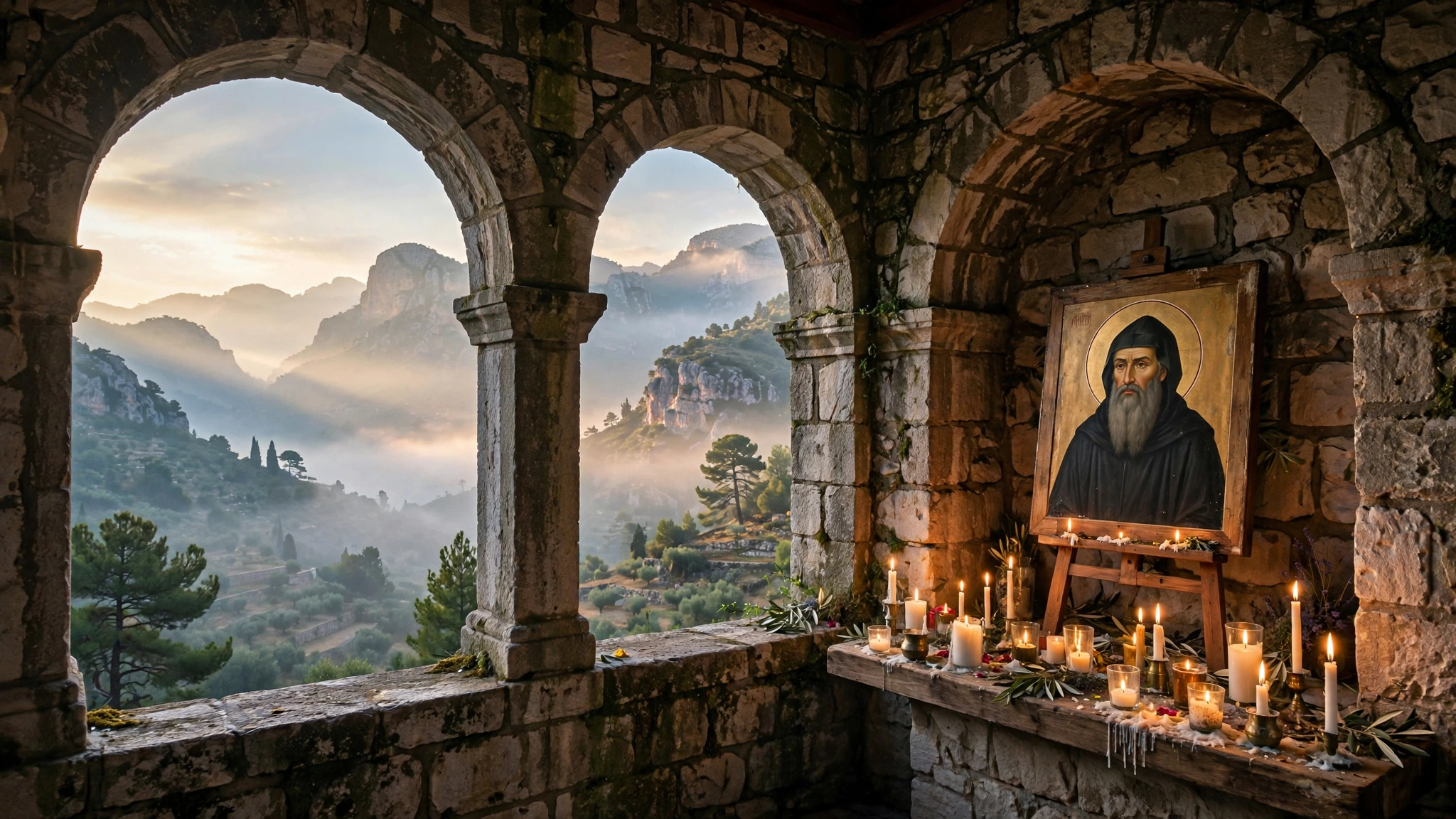 Candles burning before an icon of Saint Charbel at a Lebanese monastery