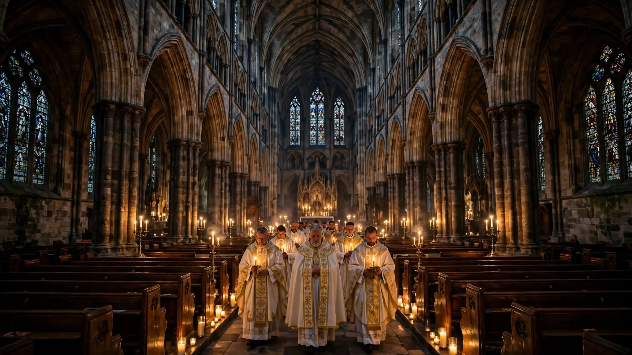 A grand English cathedral interior glowing with candlelight as bishops in white and gold vestments process down the aisle