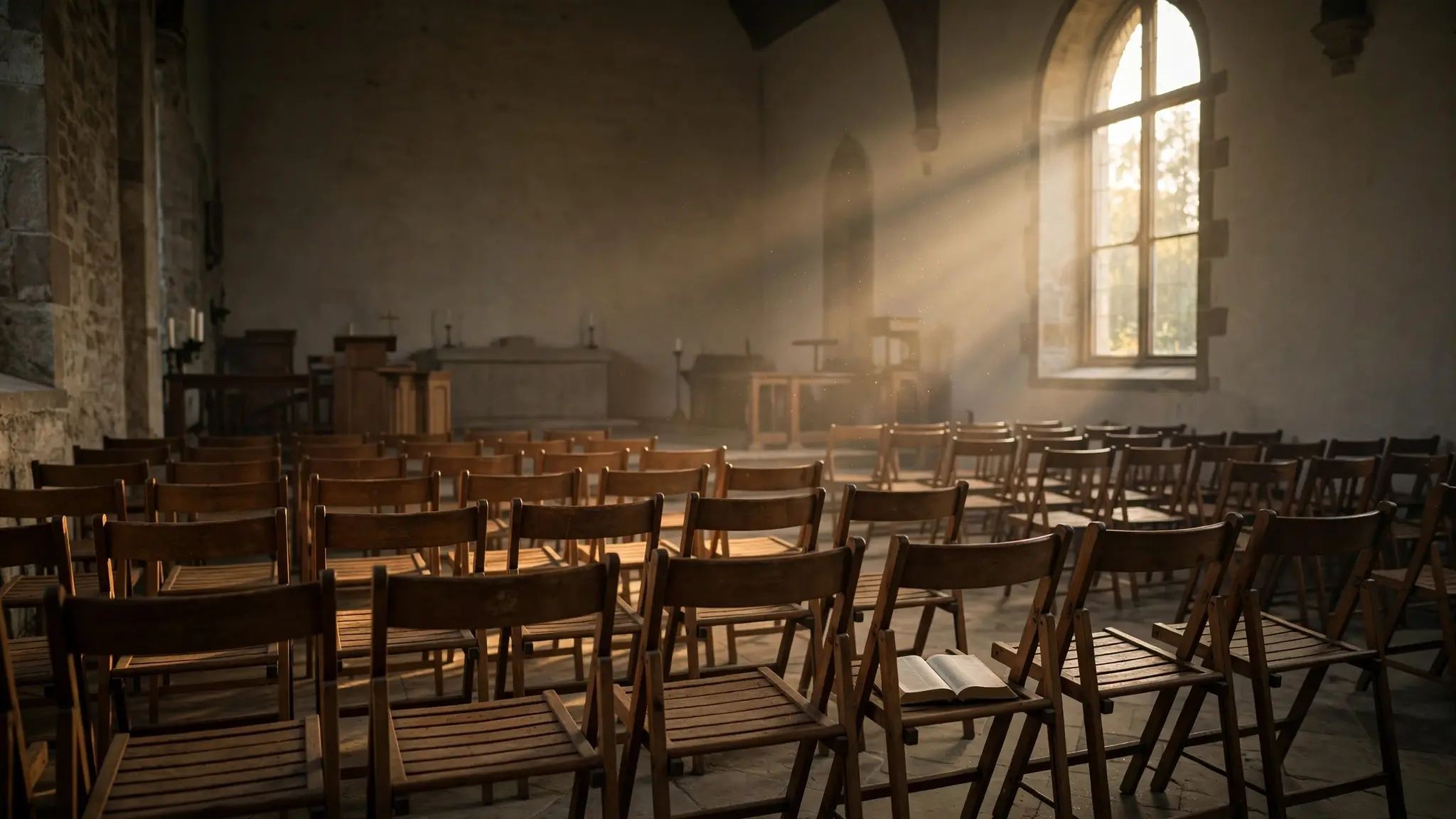 A nearly empty church hall with rows of chairs and one small open Bible on a seat in warm light