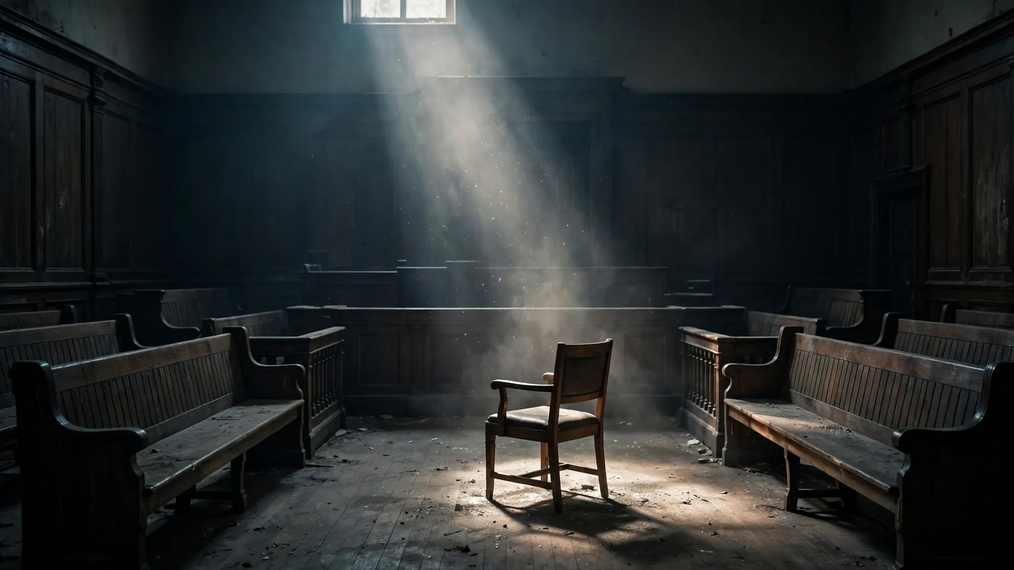 A dim courtroom interior with wooden benches and a shaft of light falling on an empty chair