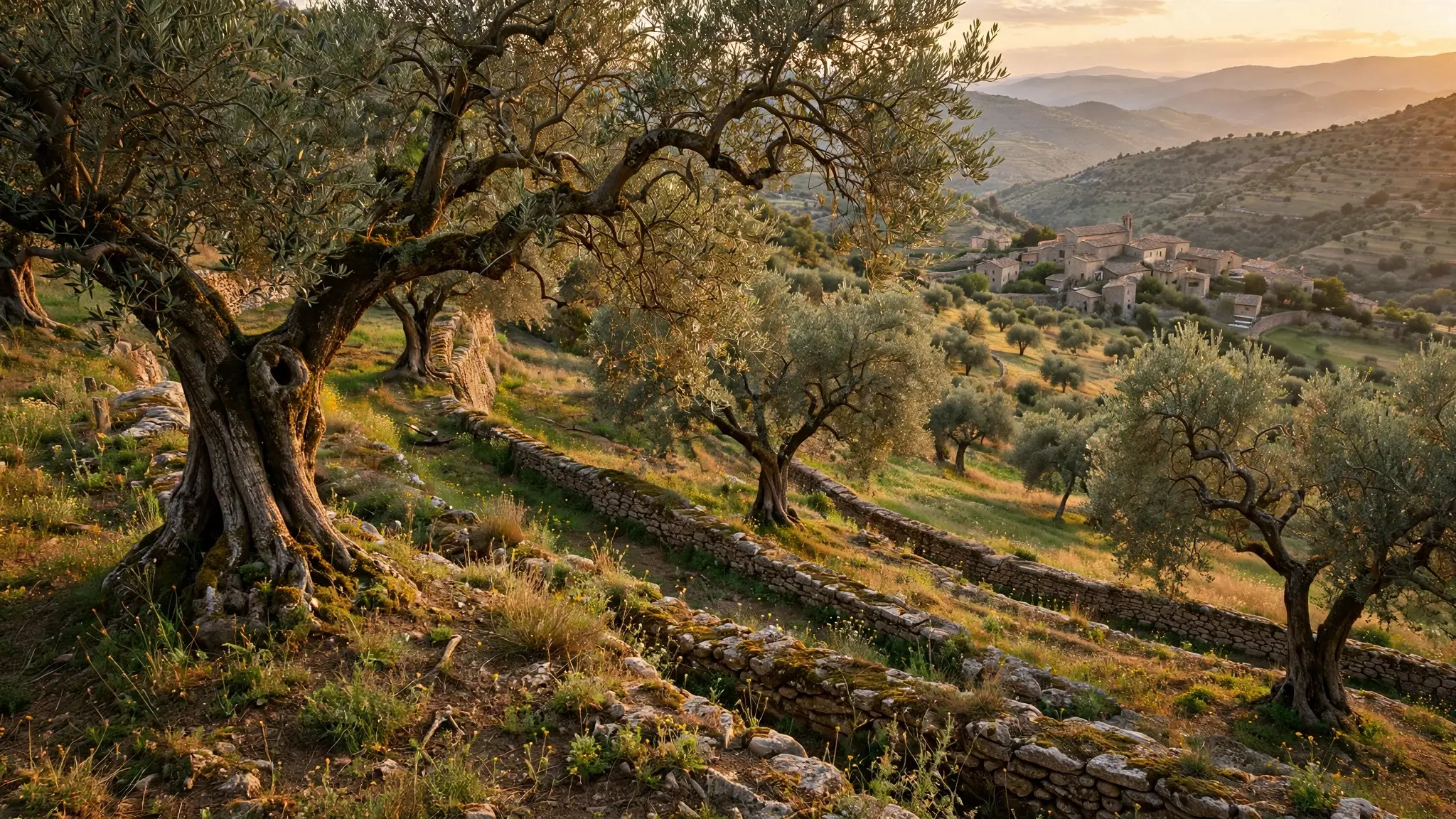 Ancient olive trees on a terraced hillside at golden hour with a small stone village in the distance
