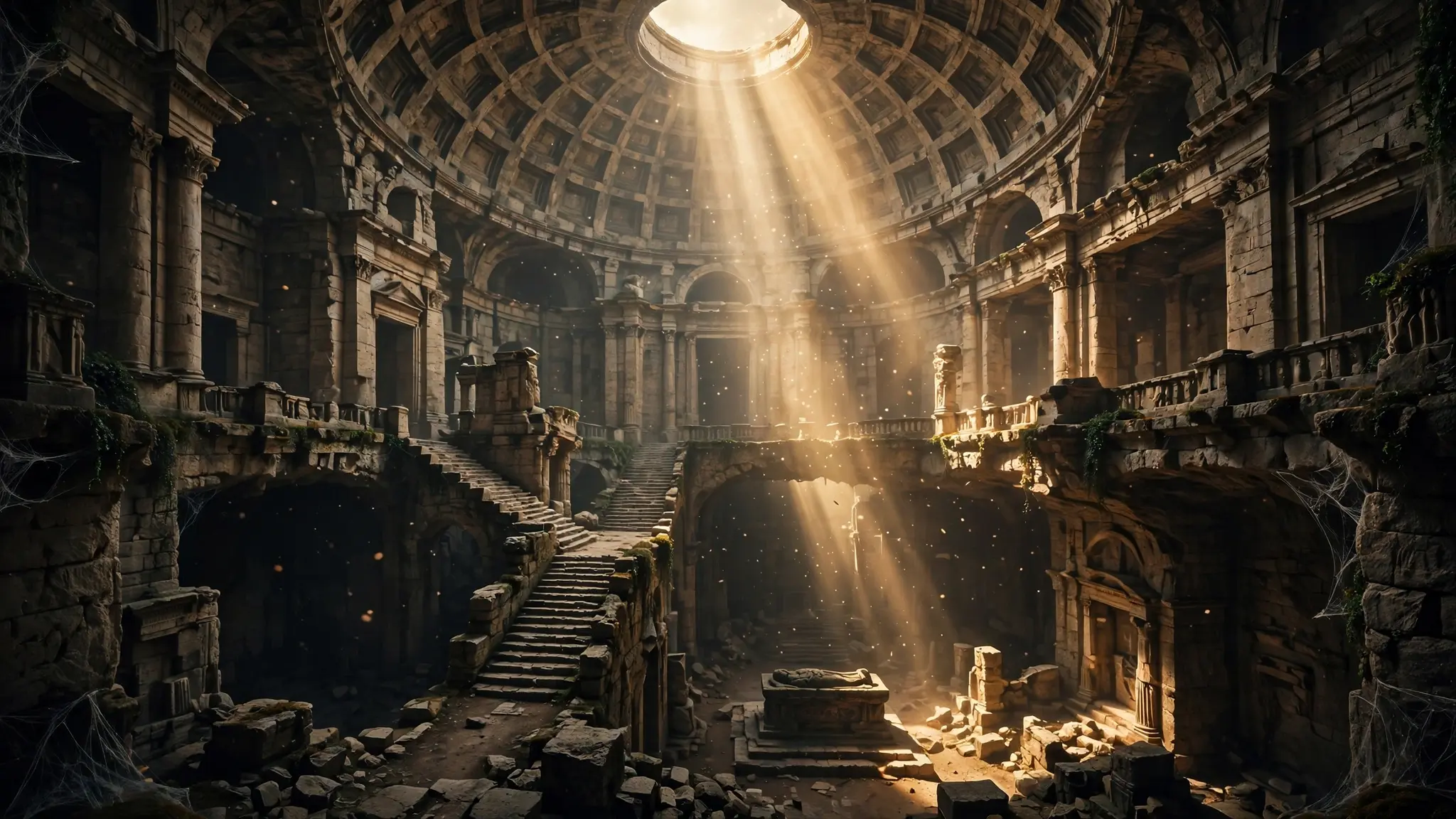 A vast ancient basilica interior with golden light streaming down into a deep stone tomb chamber below