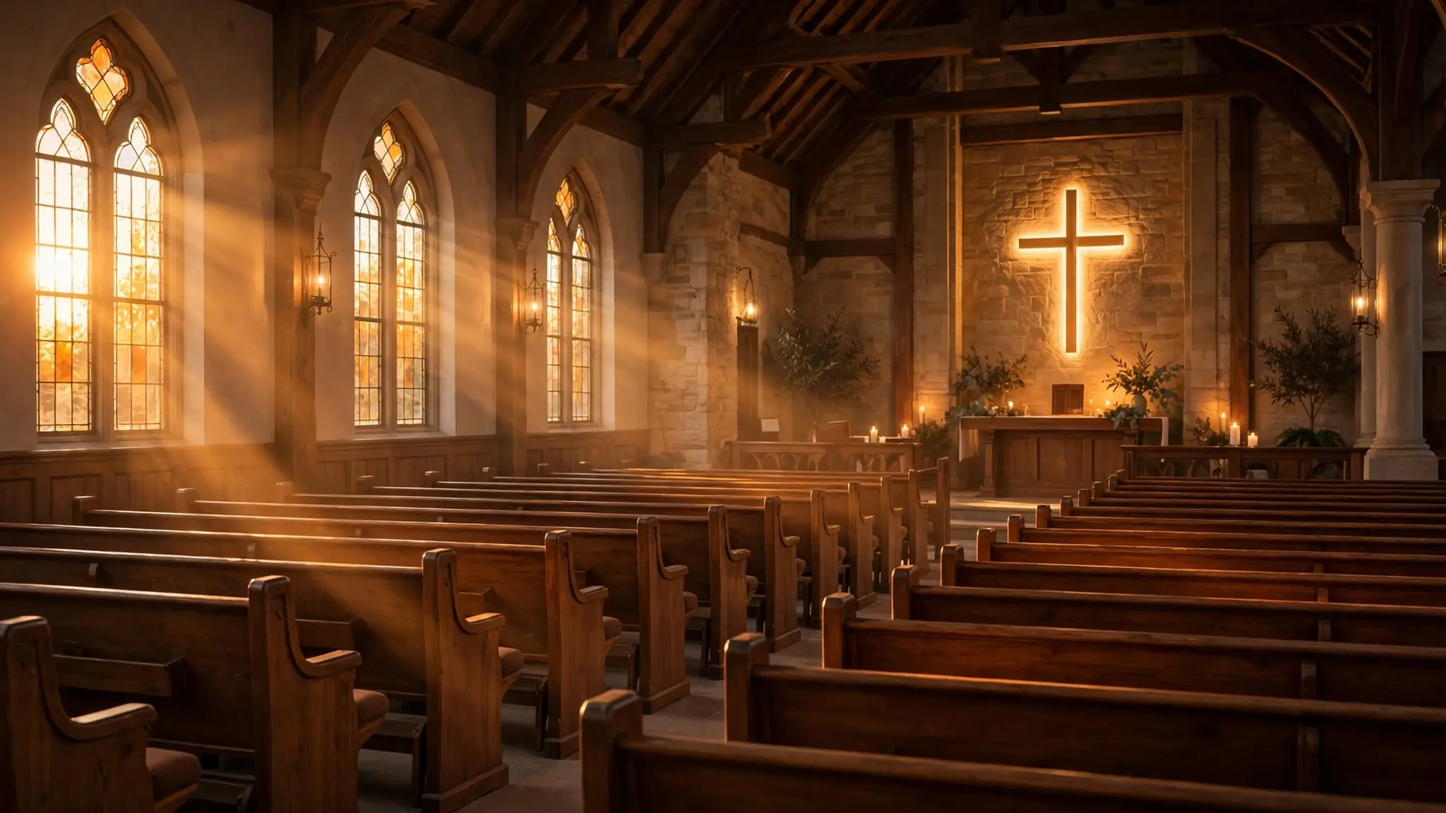 A warmly lit church sanctuary at evening with soft light falling across wooden pews and a glowing cross