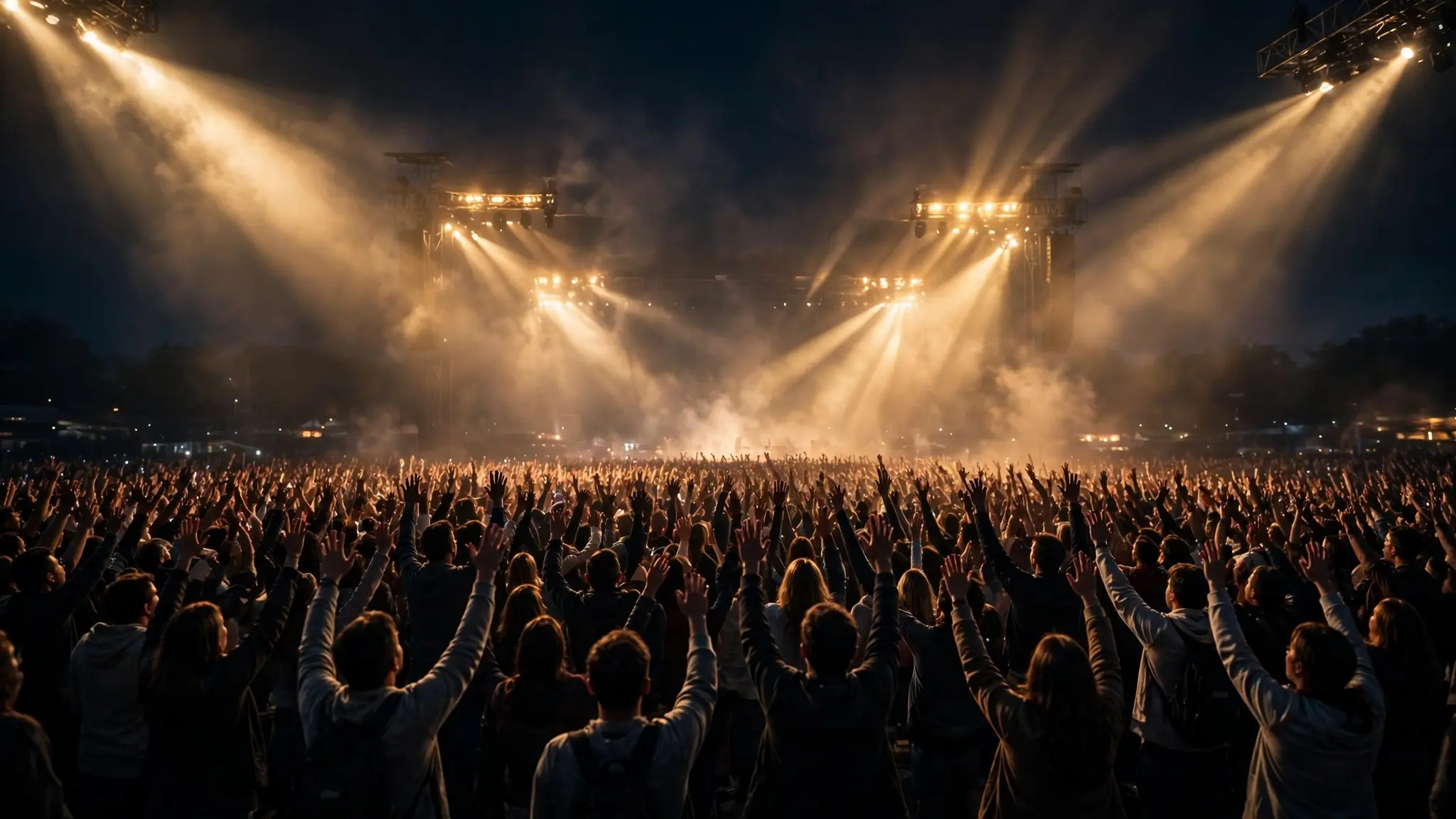 A massive worship concert crowd with raised hands under sweeping beams of golden stage light
