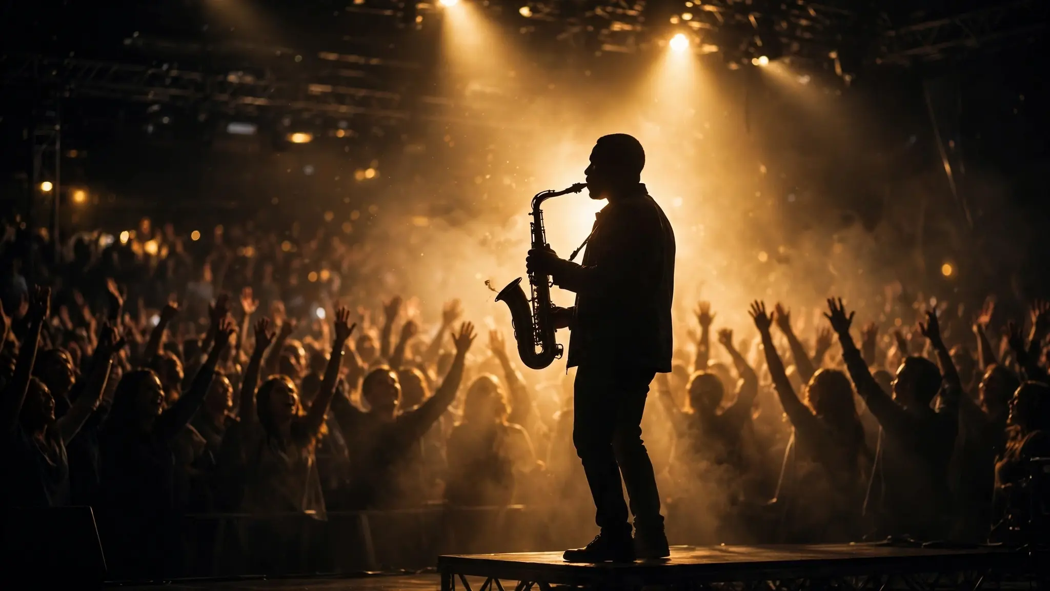 A gospel saxophonist on a dark concert stage bathed in golden light with a joyful crowd raising hands