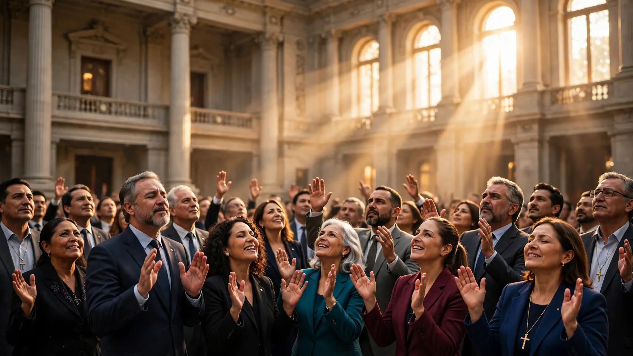 Líderes cristianos de varios países con las manos levantadas en oración dentro de un salón histórico en Santiago durante la cumbre Gobernar con Fe