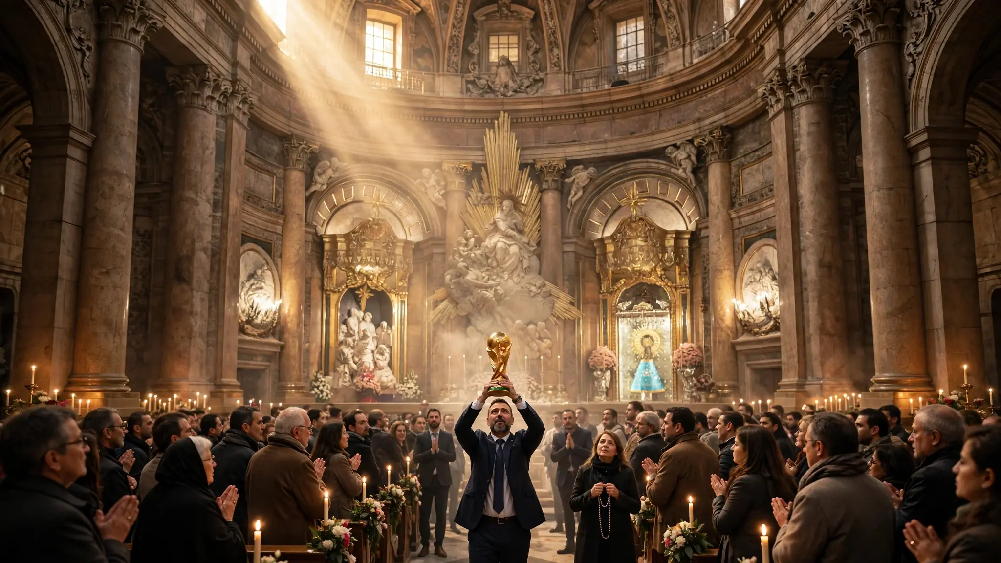 Un hombre levanta la Copa del Mundo de fútbol dorada dentro de la Basílica del Pilar en Zaragoza ante una multitud emocionada de fieles