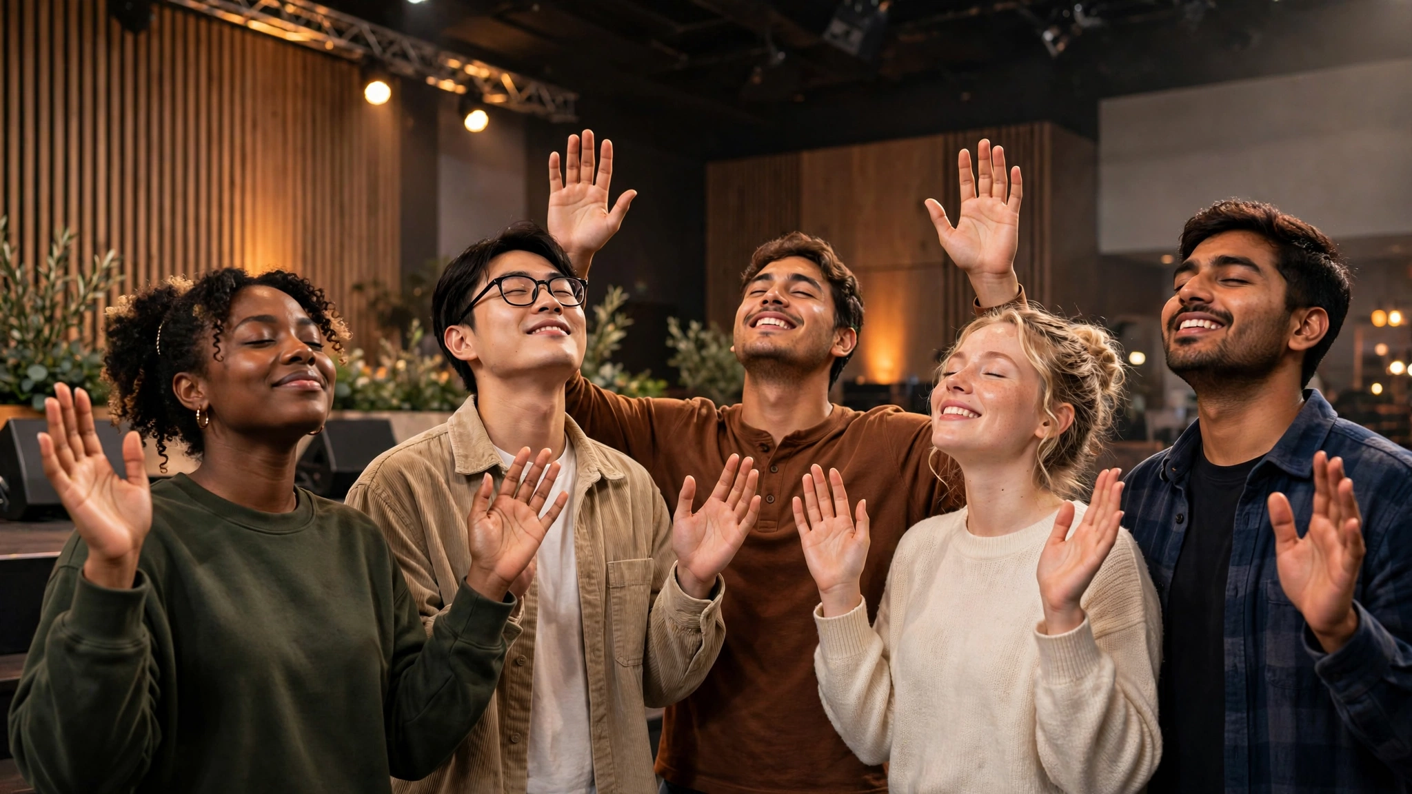 Young adults worshipping together at a church service