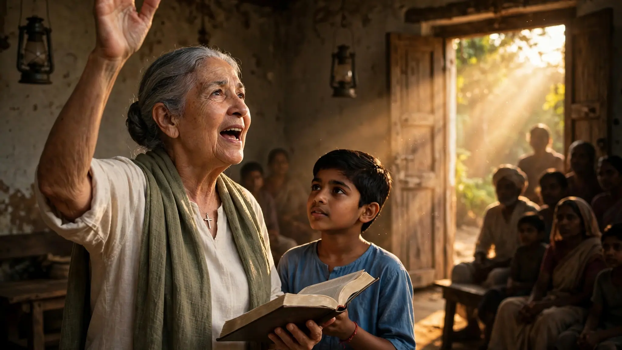 Missionária idosa pregando de mãos erguidas em uma igrejinha humilde na Índia, com luz quente entrando pela porta, após testemunhar que voltou a enxergar