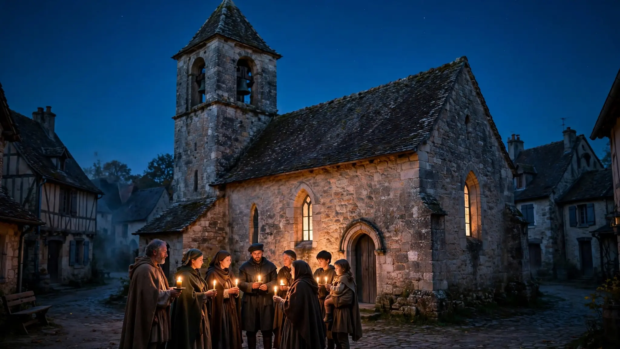 Église médiévale française la nuit, lueurs orange dans les arbres du cimetière voisin, trois silhouettes luttant avec des extincteurs