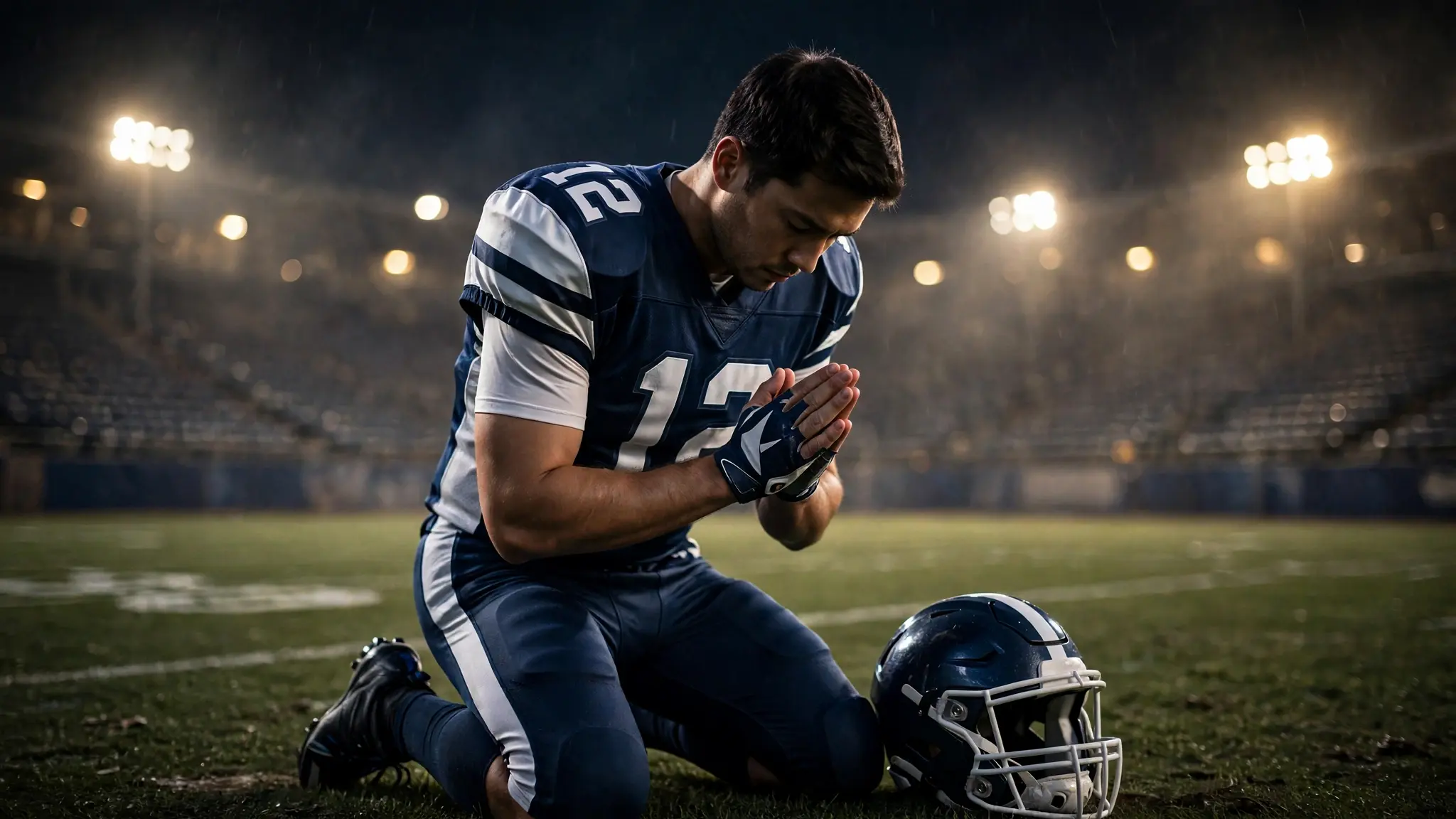 An NFL quarterback kneeling in prayer on a football field at night with stadium lights glowing