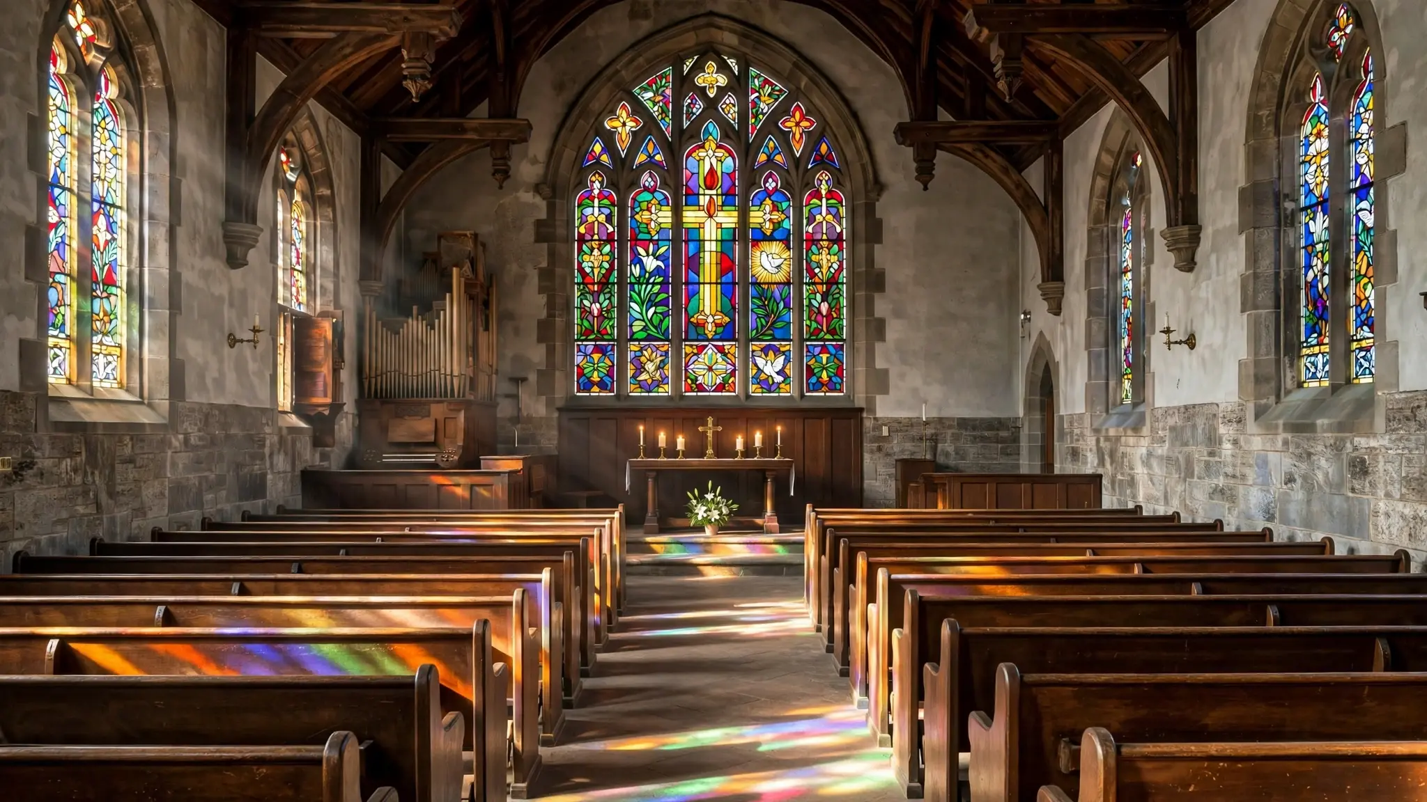 A historic Methodist church sanctuary with light streaming through stained glass onto empty wooden pews
