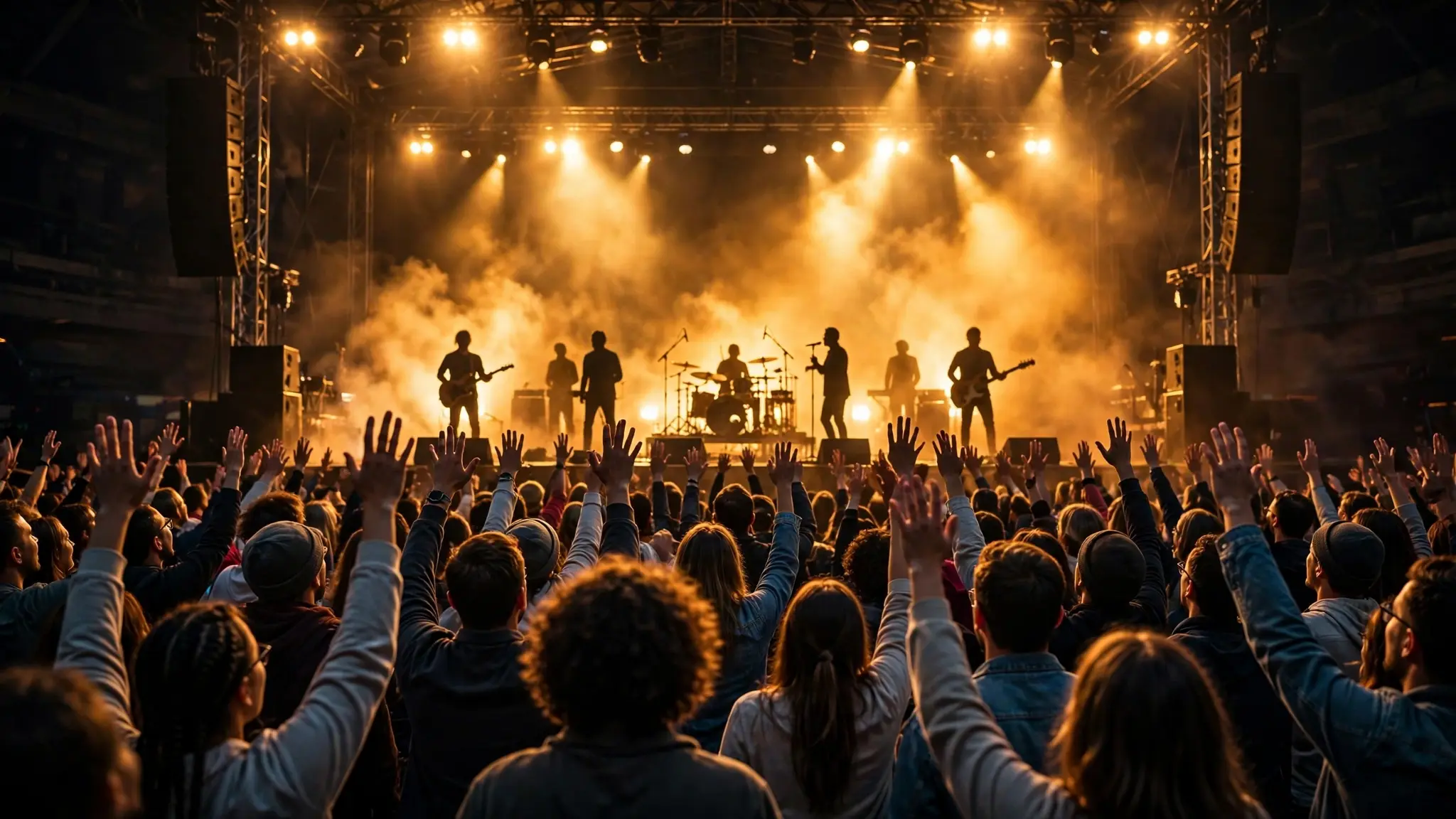 Worship musicians performing on a concert stage with dramatic lights and a crowd raising hands