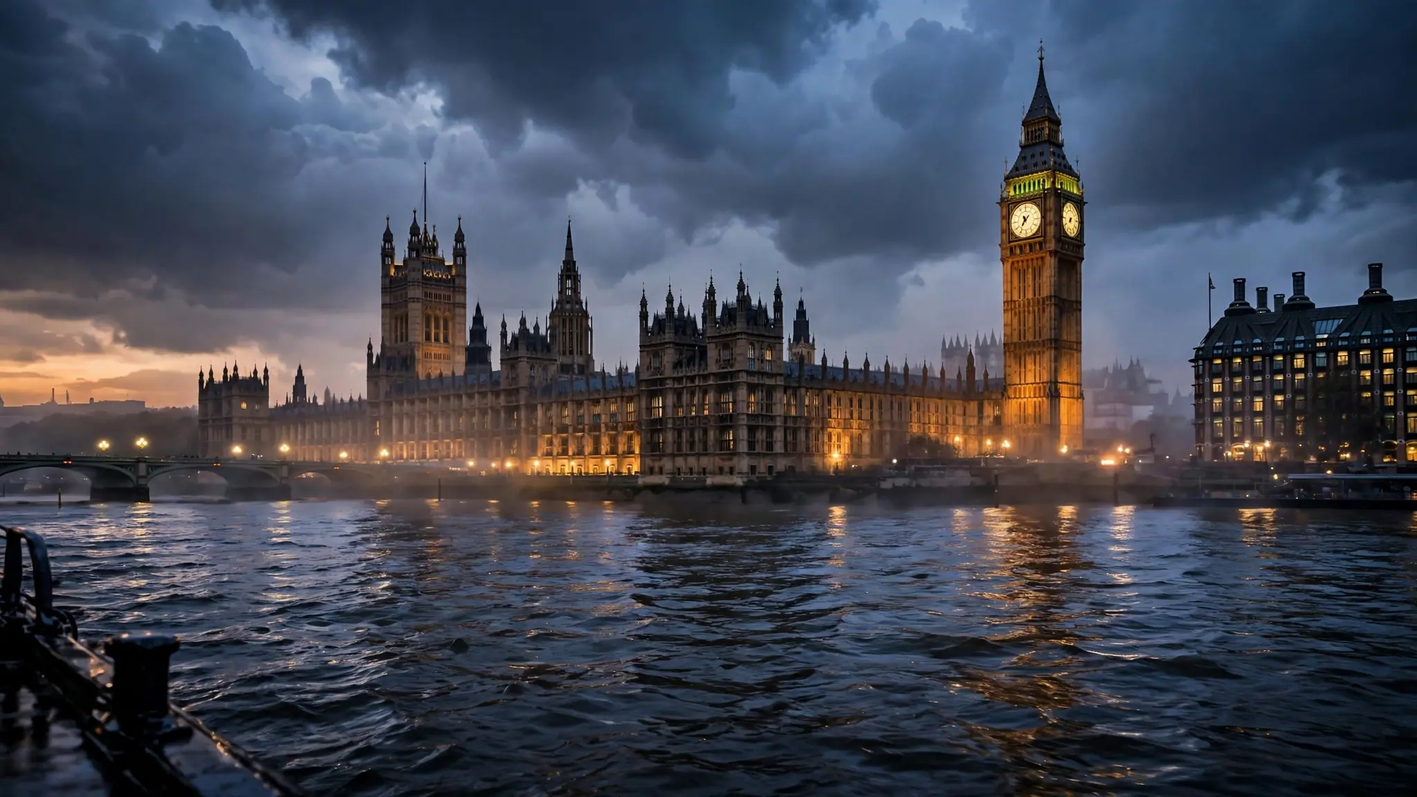 The Palace of Westminster in London at dusk with dramatic clouds overhead