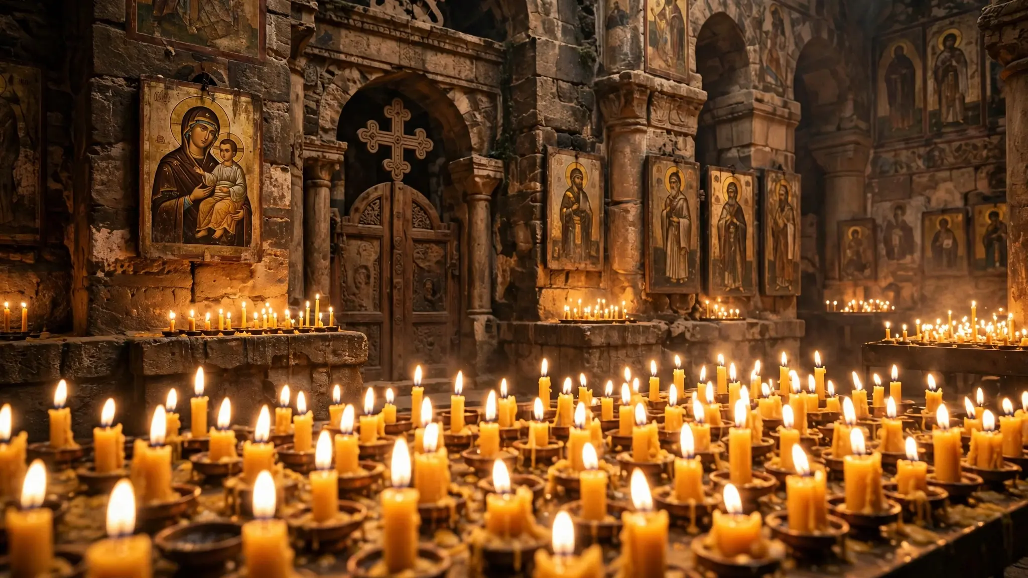 A Coptic Orthodox church interior with glowing candles and ancient icons in warm light