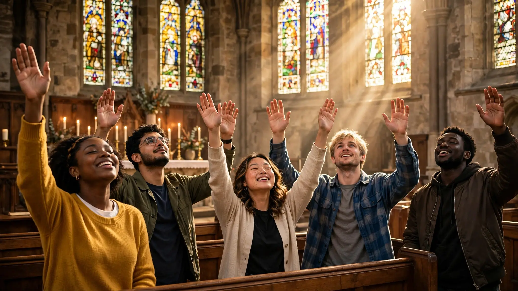 Diverse young British Christians raising hands in joyful worship inside a historic English church with sunlight through stained-glass windows