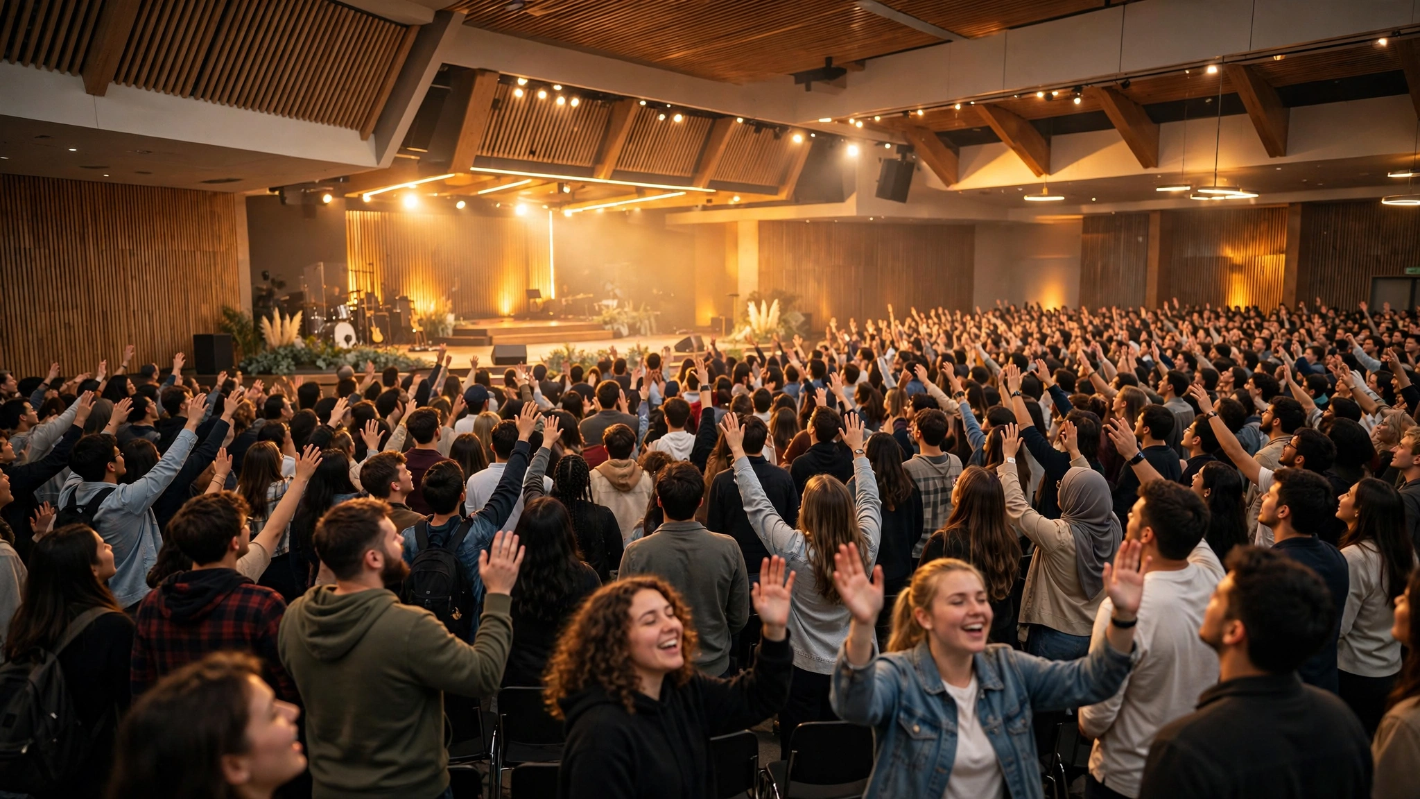 Hundreds of young adults worshipping in a packed church sanctuary