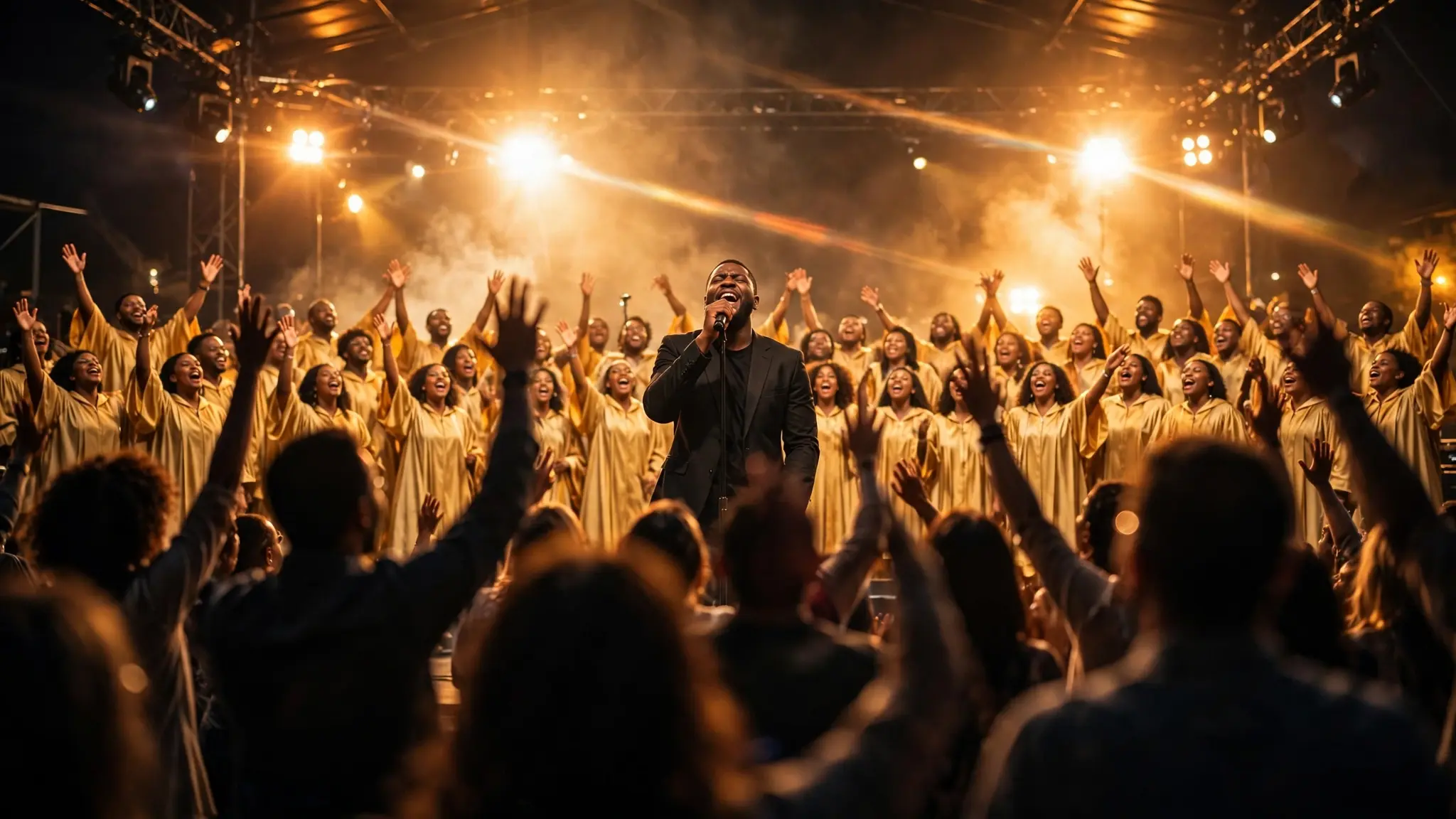 A powerful gospel choir on stage with golden lights, a lead gospel singer at the microphone, and a joyful crowd raising hands