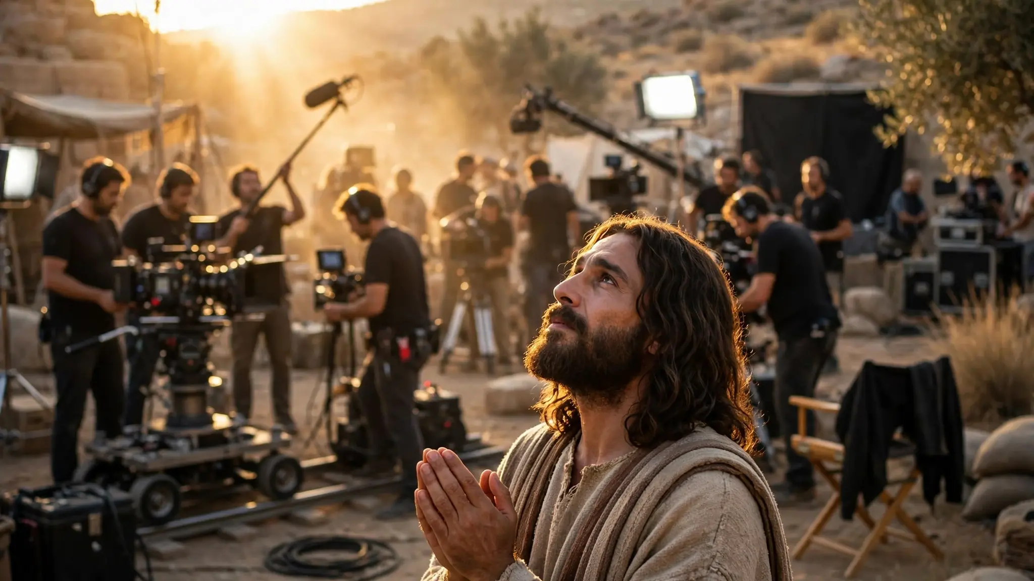 An actor portraying Jesus in biblical robes on a film set at golden hour, looking upward in prayer