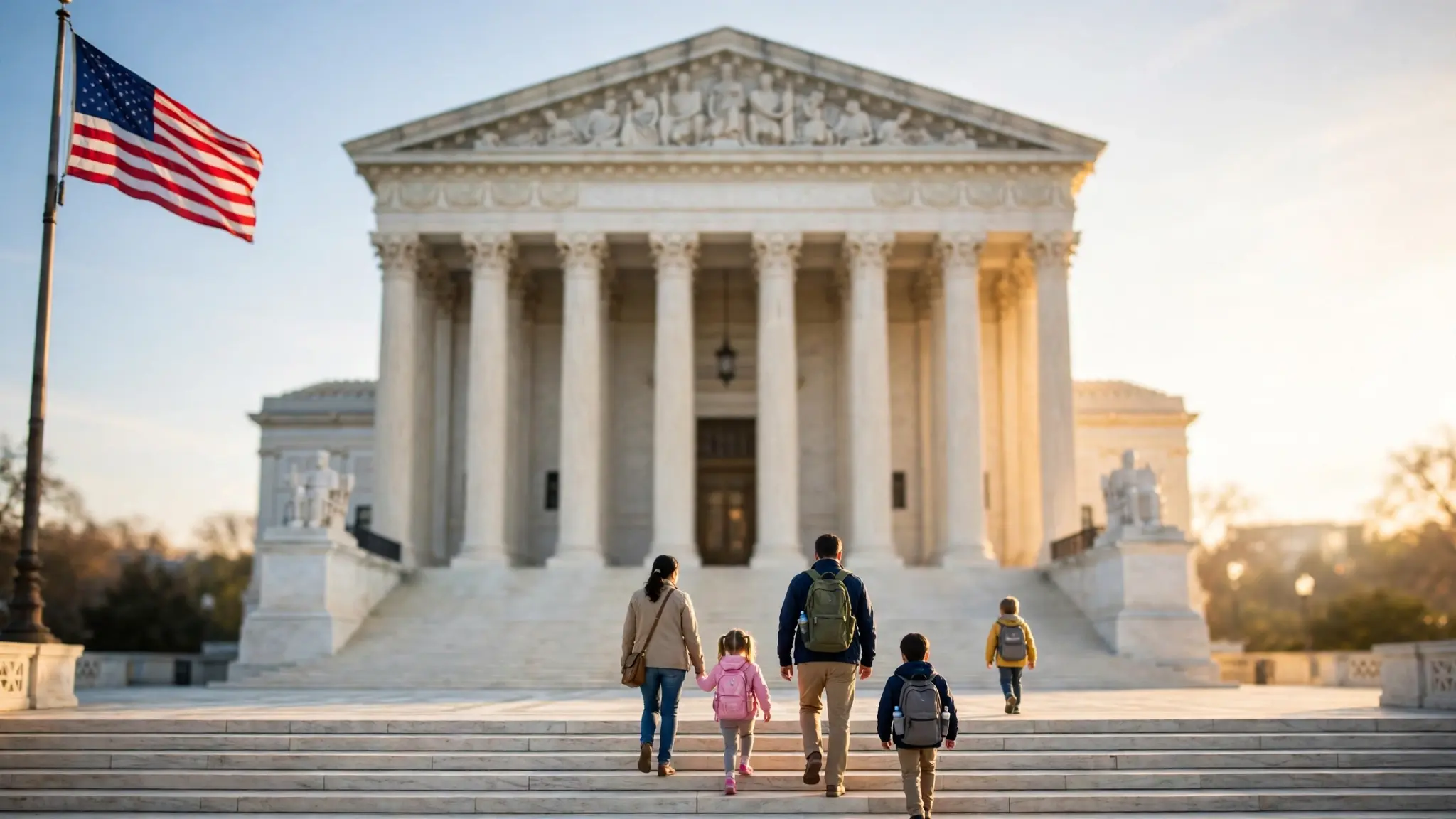 The U.S. Supreme Court building at dawn with American flag, parents and small children walking up the steps