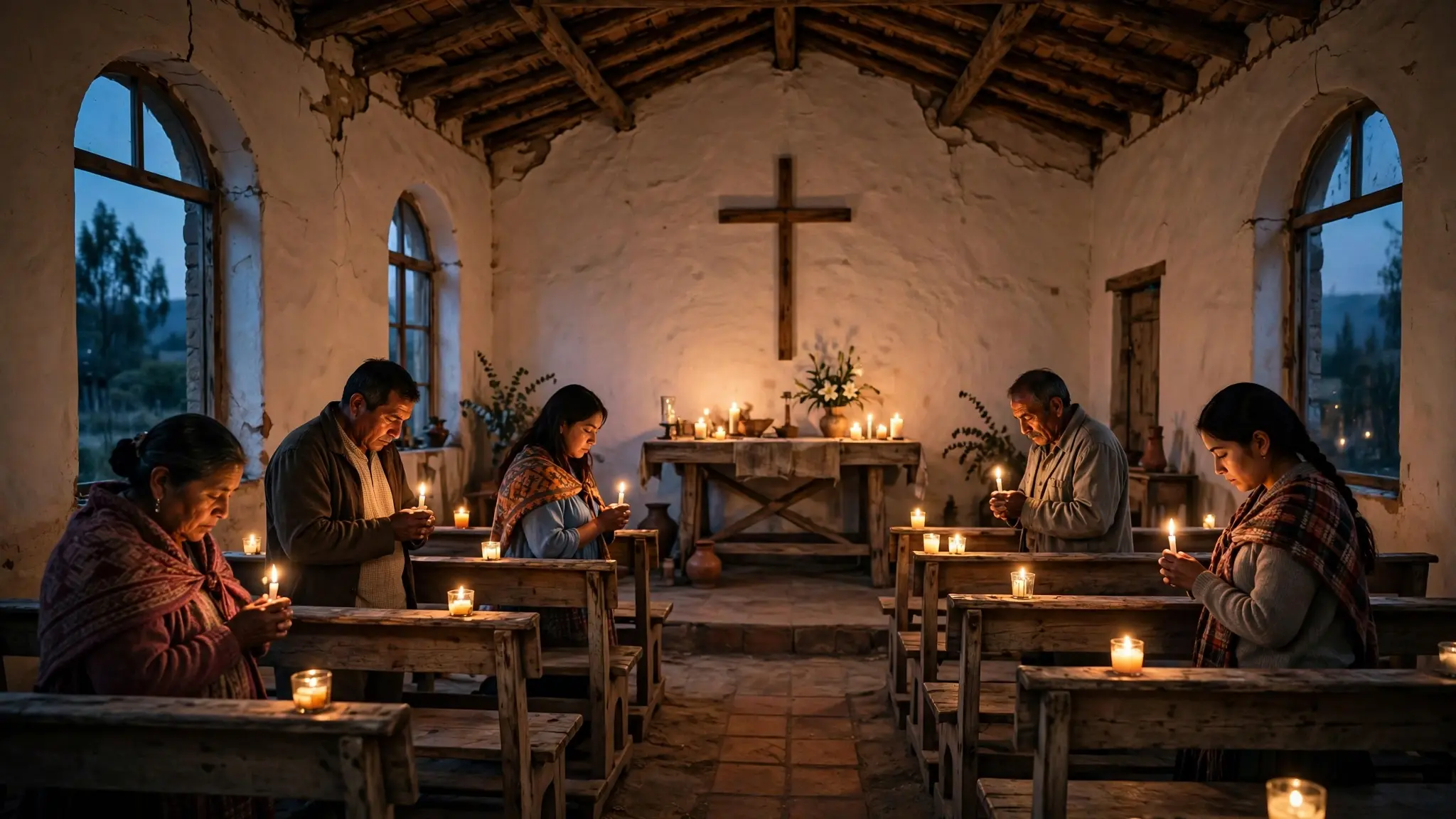 Fieles latinoamericanos rezando con velas encendidas en una iglesia sencilla de madera, en un ambiente solemne de fe que resiste a la persecución