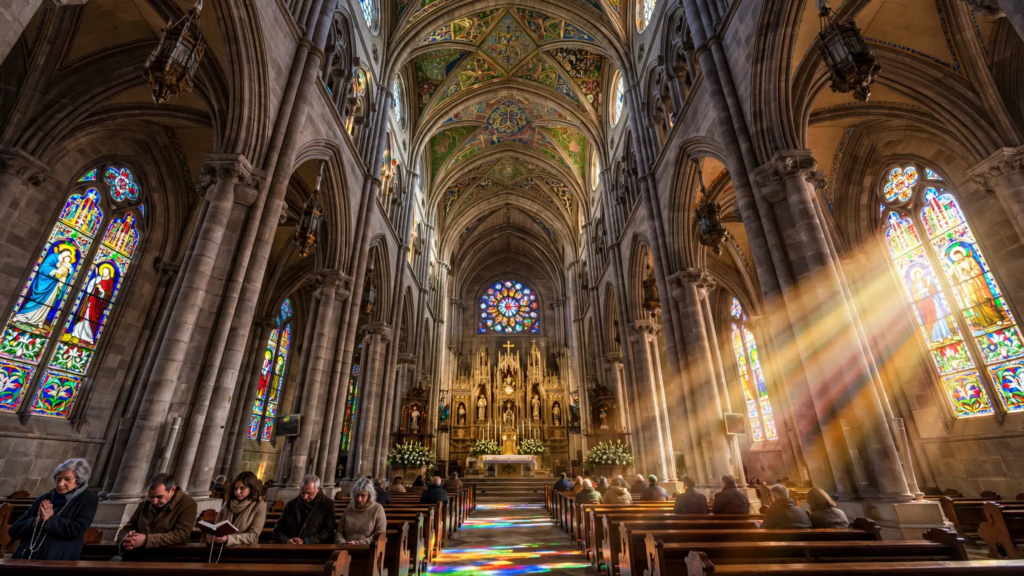 Interior de la catedral de la Almudena en Madrid con la luz entrando por las vidrieras y fieles en los bancos, donde serán ordenados los nuevos obispos auxiliares