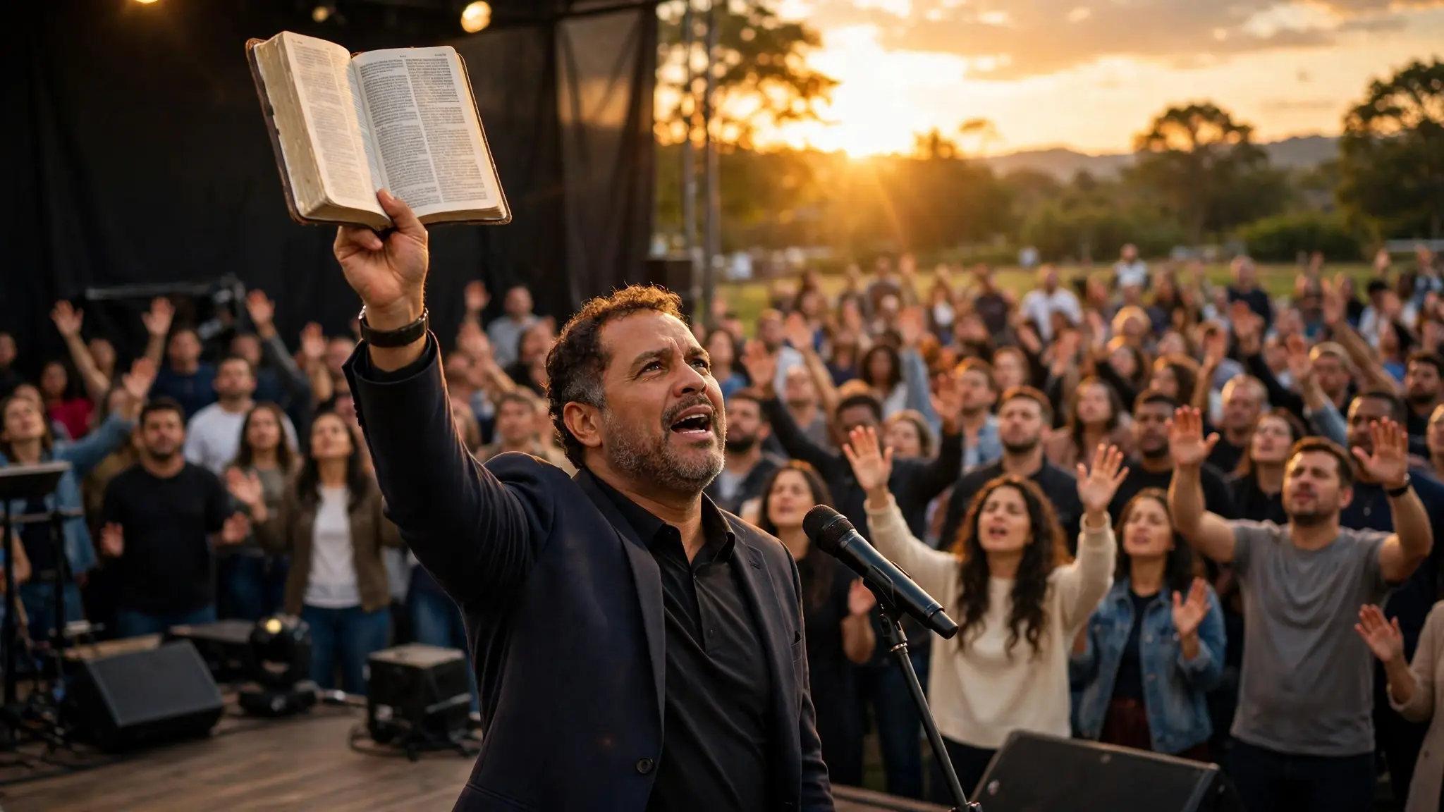 Pastor evangélico brasileiro pregando com a Bíblia erguida diante de uma multidão de fiéis ao entardecer, em um culto ao ar livre no Brasil