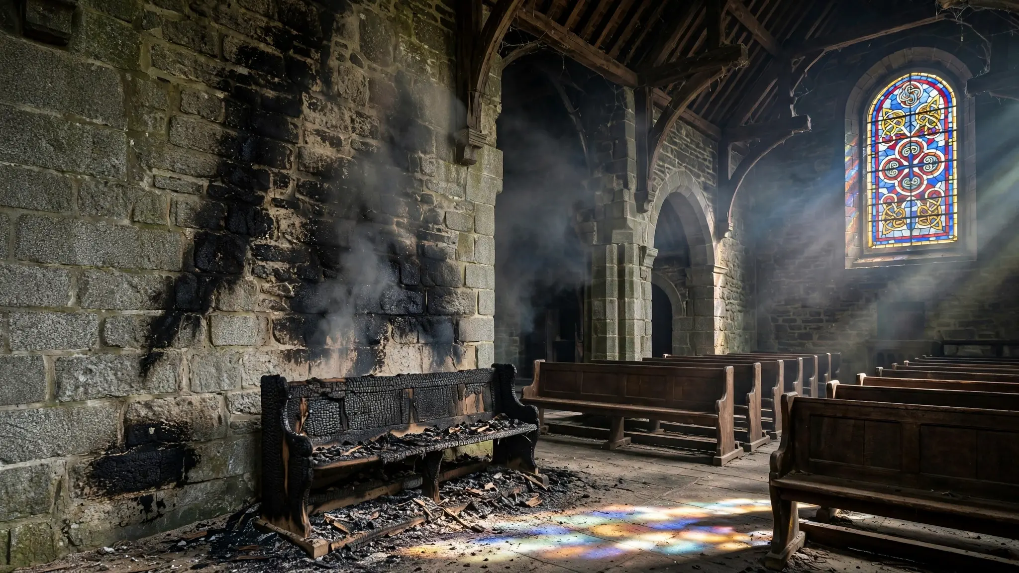 Intérieur d'une église bretonne en pierre, un banc carbonisé, traces de fumée noire sur les murs anciens, lumière du jour à travers un vitrail — l'incendie volontaire du 19 octobre 2026 à Ploubalay
