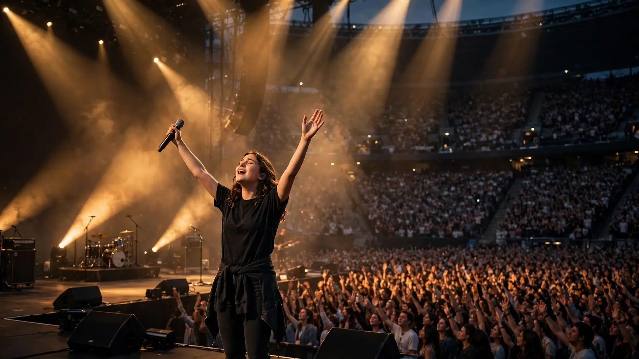 Young worship singer on a concert stage with raised arms before a massive arena crowd and golden stage lights