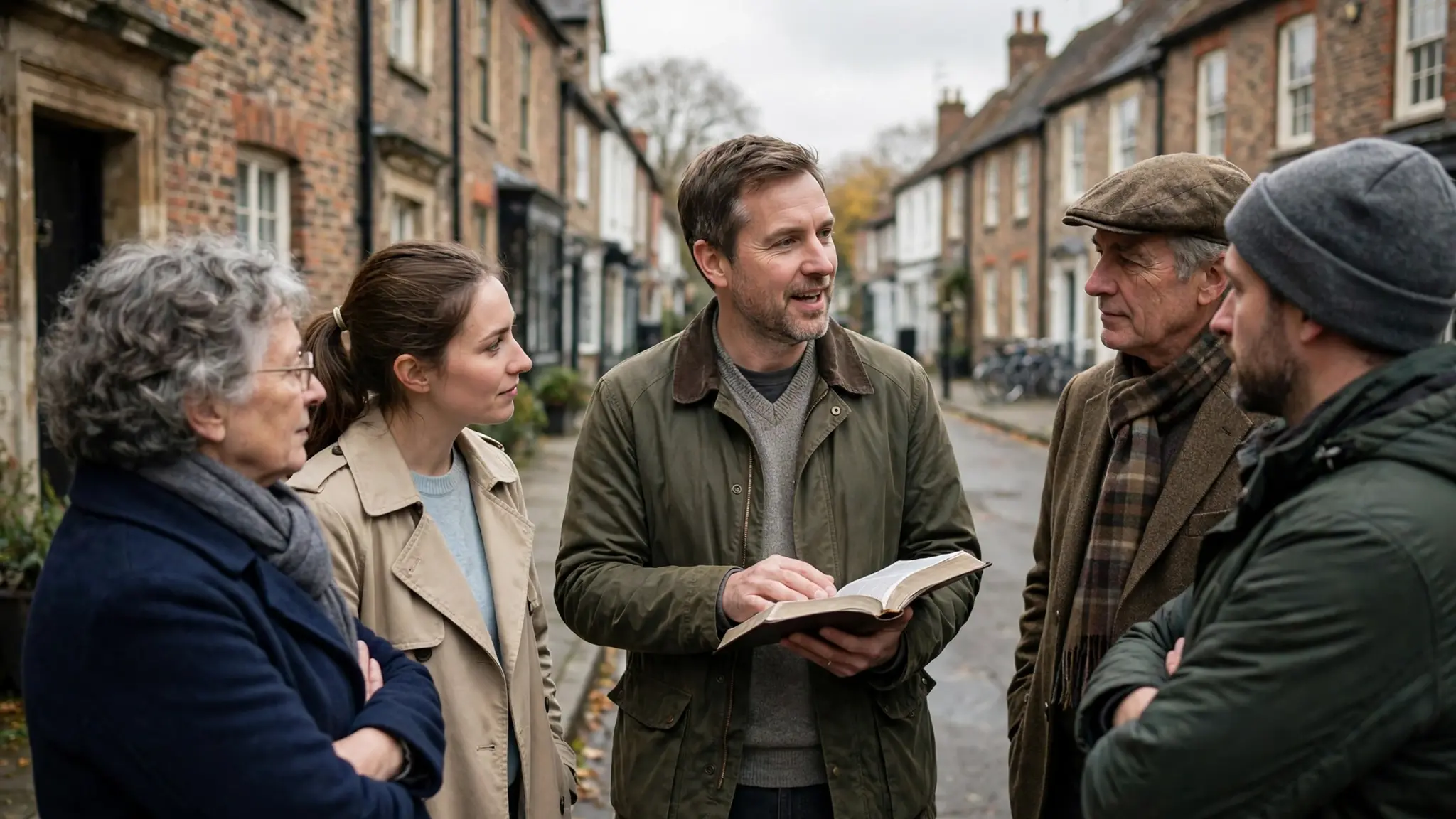 Small crowd gathered around a man preaching with an open Bible on a quiet English high street