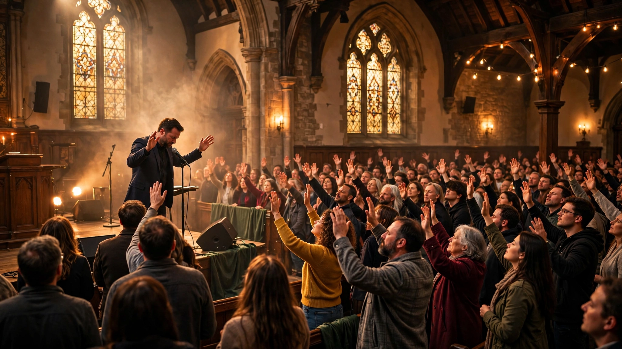 Crowd worshipping with raised hands at a miracle revival meeting in Reading UK